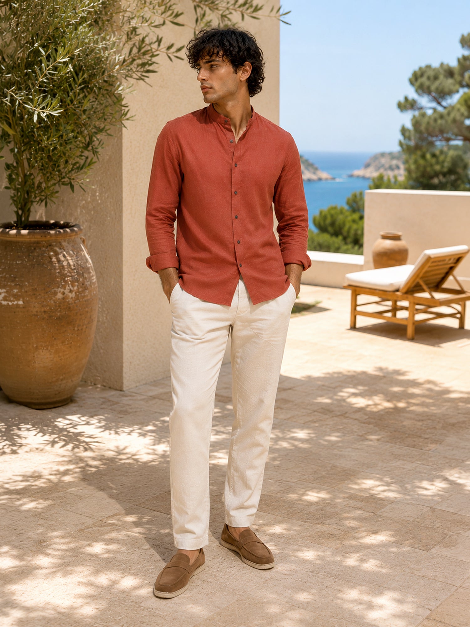 Men Rust Solid Mandarin Collar Cotton Shirt