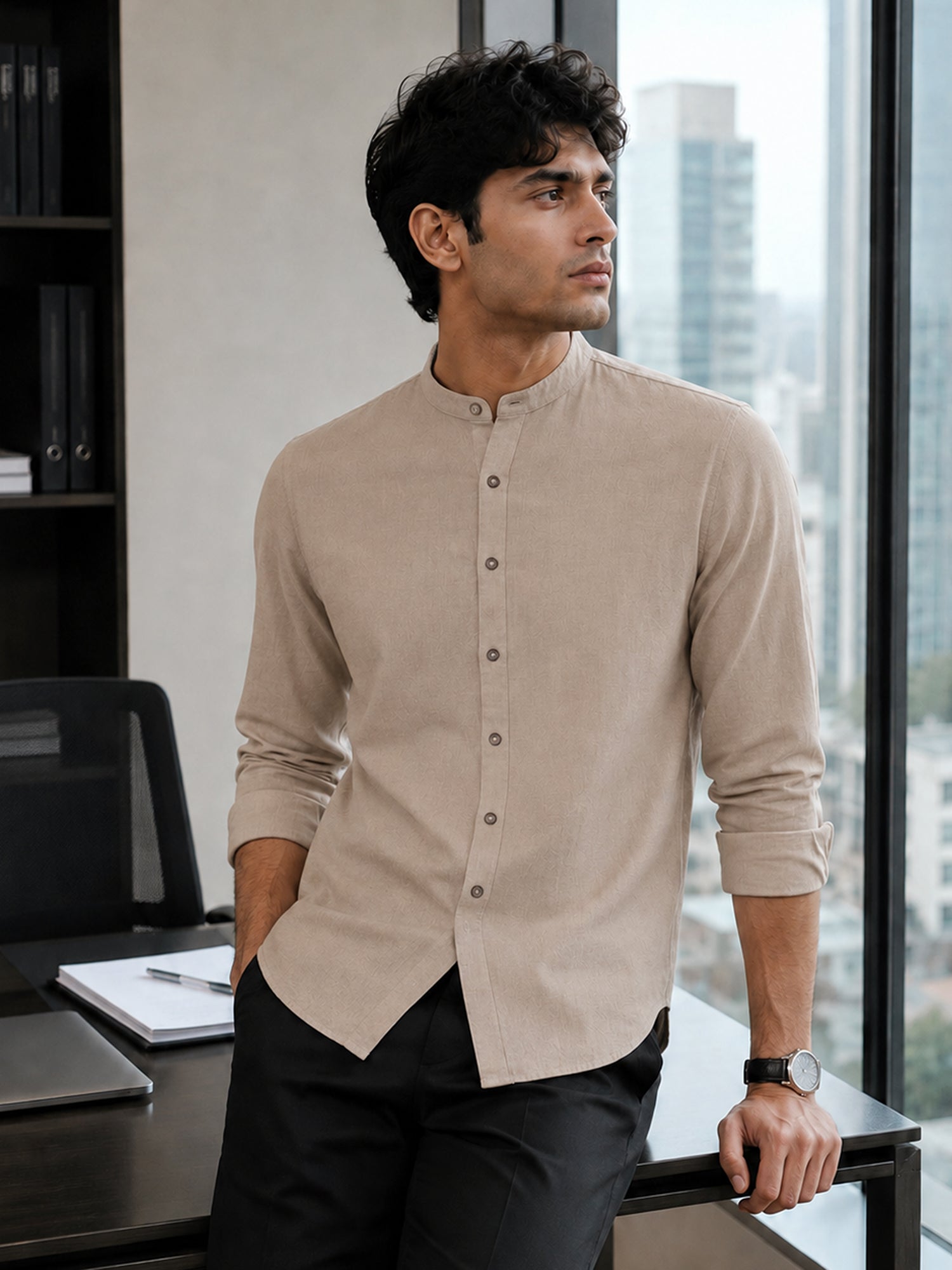 Men Solid Dark Beige Cotton Shirt
