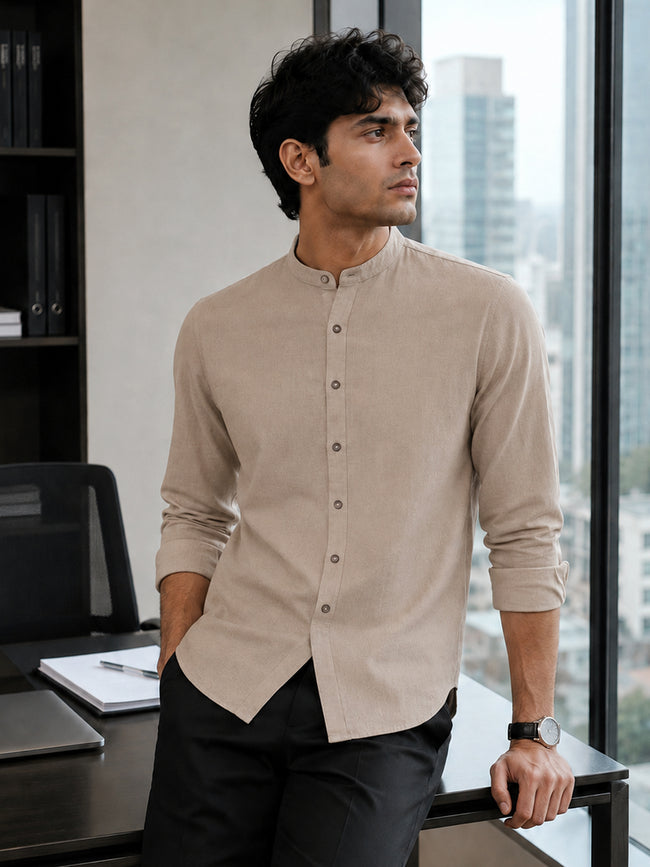 Men Solid Dark Beige Cotton Shirt