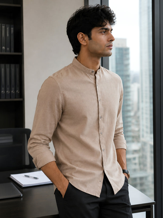 Men Solid Dark Beige Cotton Shirt