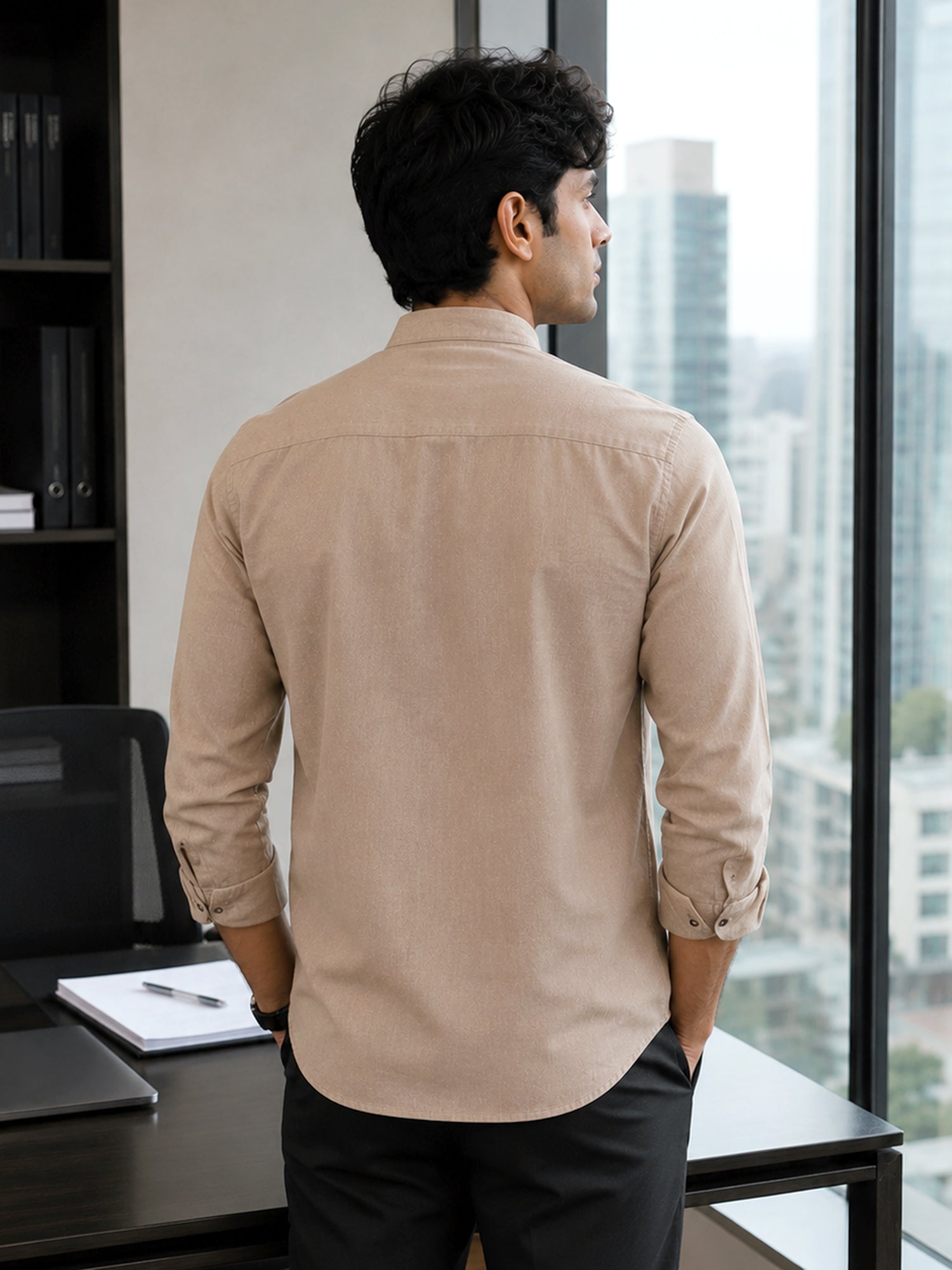 Men Solid Dark Beige Cotton Shirt