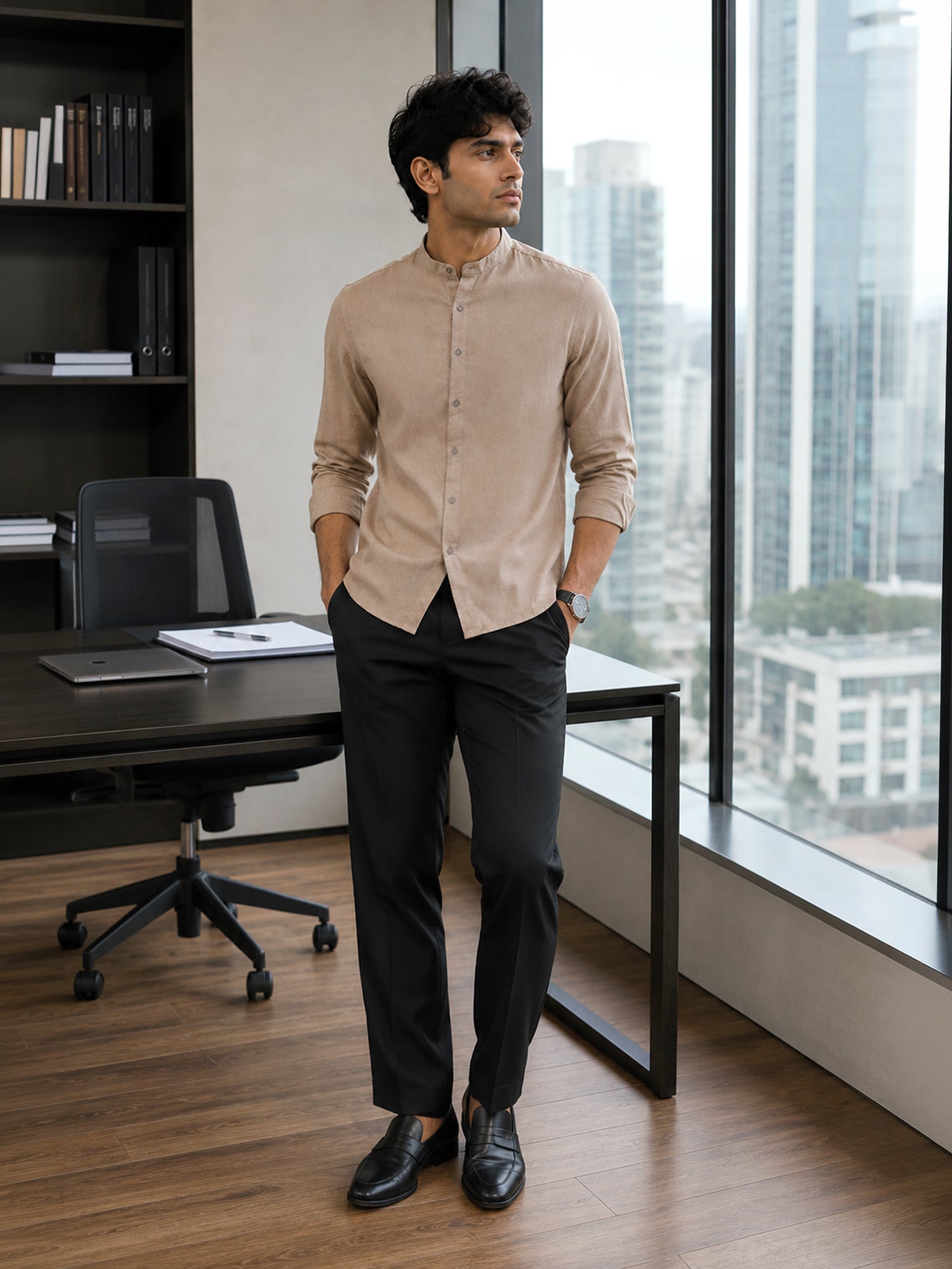 Men Solid Dark Beige Cotton Shirt