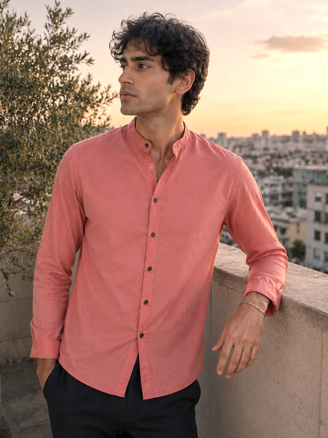 Men Solid Coral Mandarin Collar Cotton Shirt
