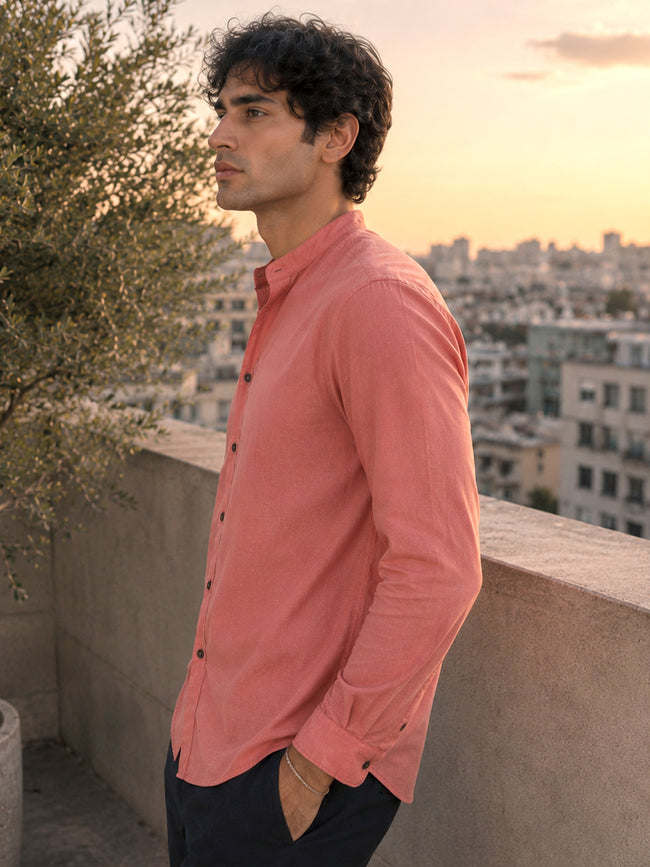 Men Solid Coral Mandarin Collar Cotton Shirt