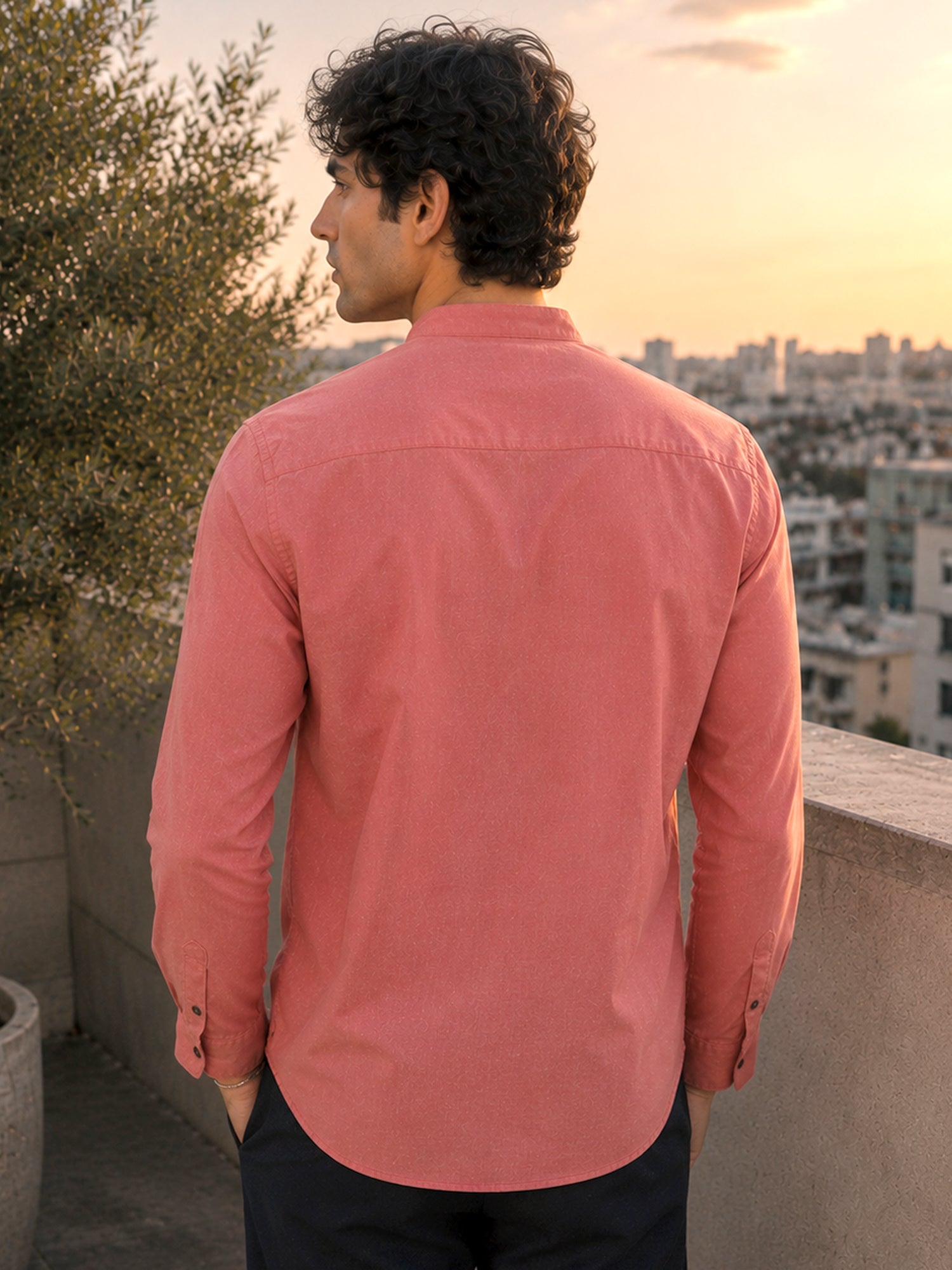 Men Solid Coral Mandarin Collar Cotton Shirt