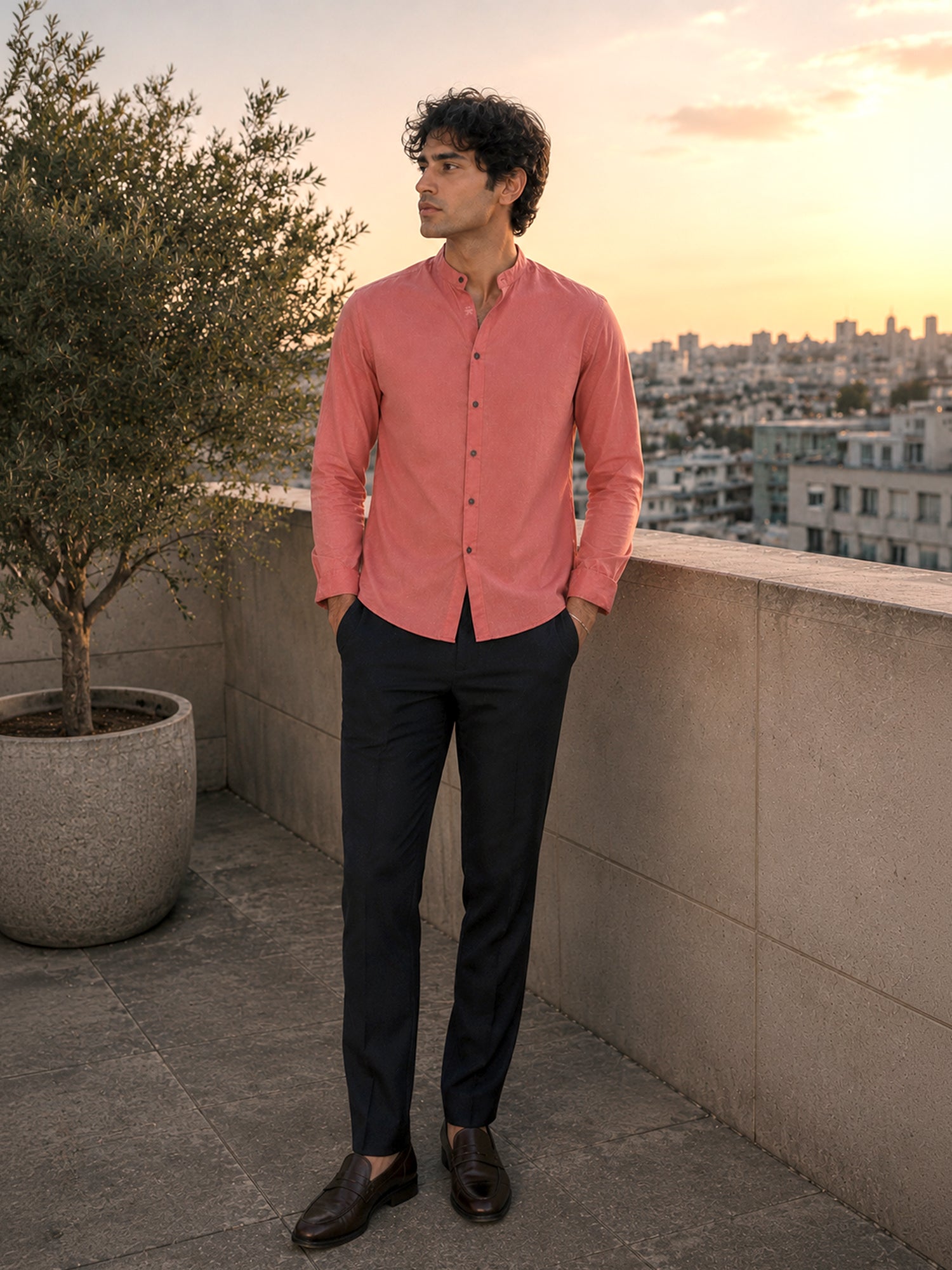 Men Solid Coral Mandarin Collar Cotton Shirt