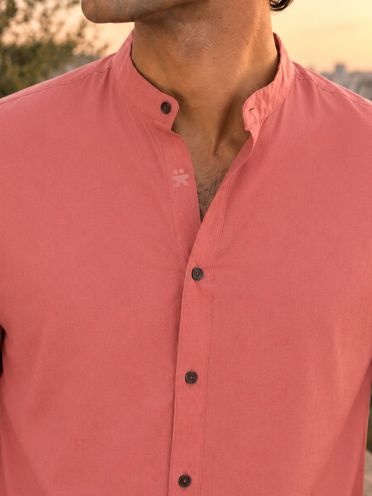 Men Solid Coral Mandarin Collar Cotton Shirt