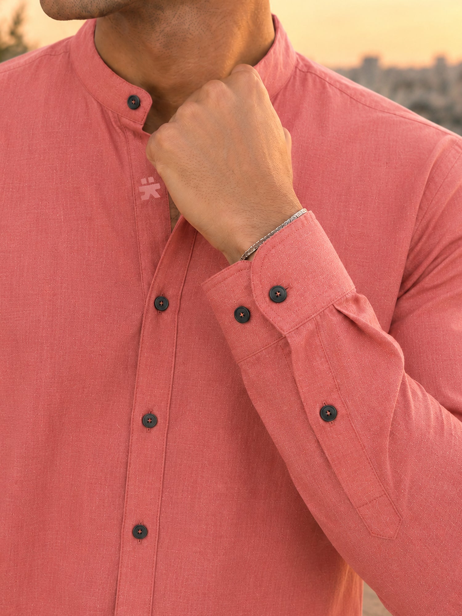 Men Solid Coral Mandarin Collar Cotton Shirt