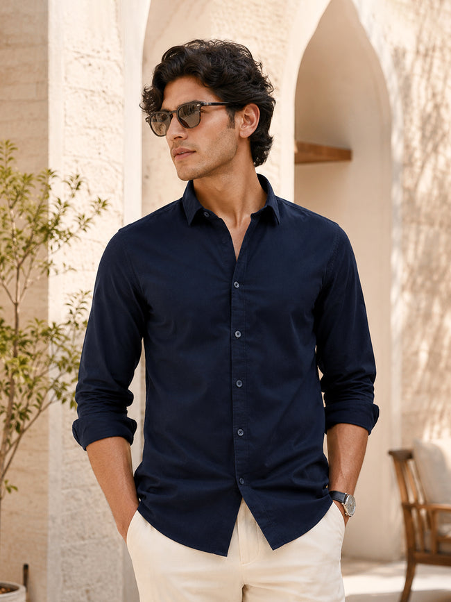 Men Navy Blue Solid Full Sleeves Shirt