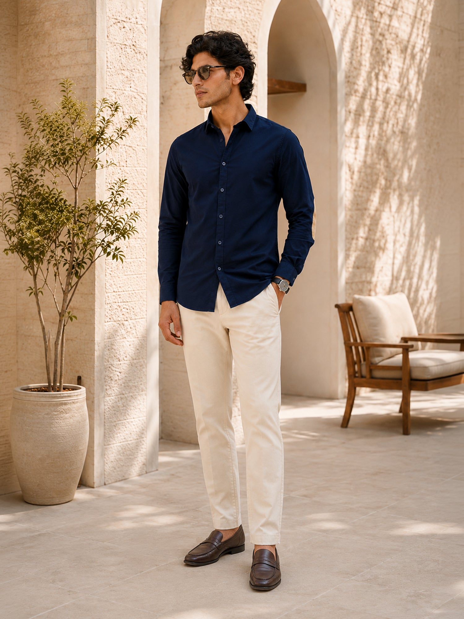 Men Navy Blue Solid Full Sleeves Shirt