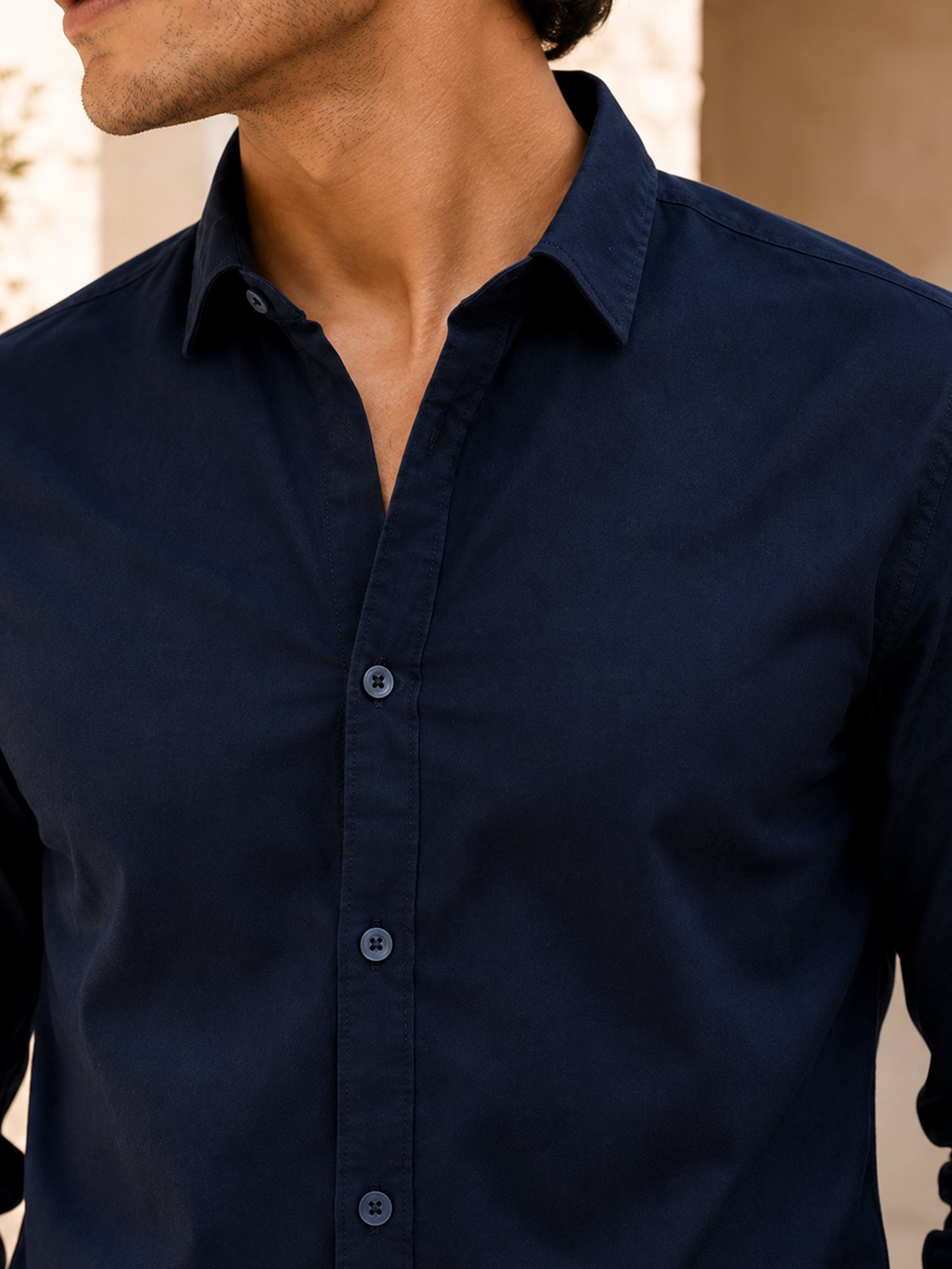 Men Navy Blue Solid Full Sleeves Shirt
