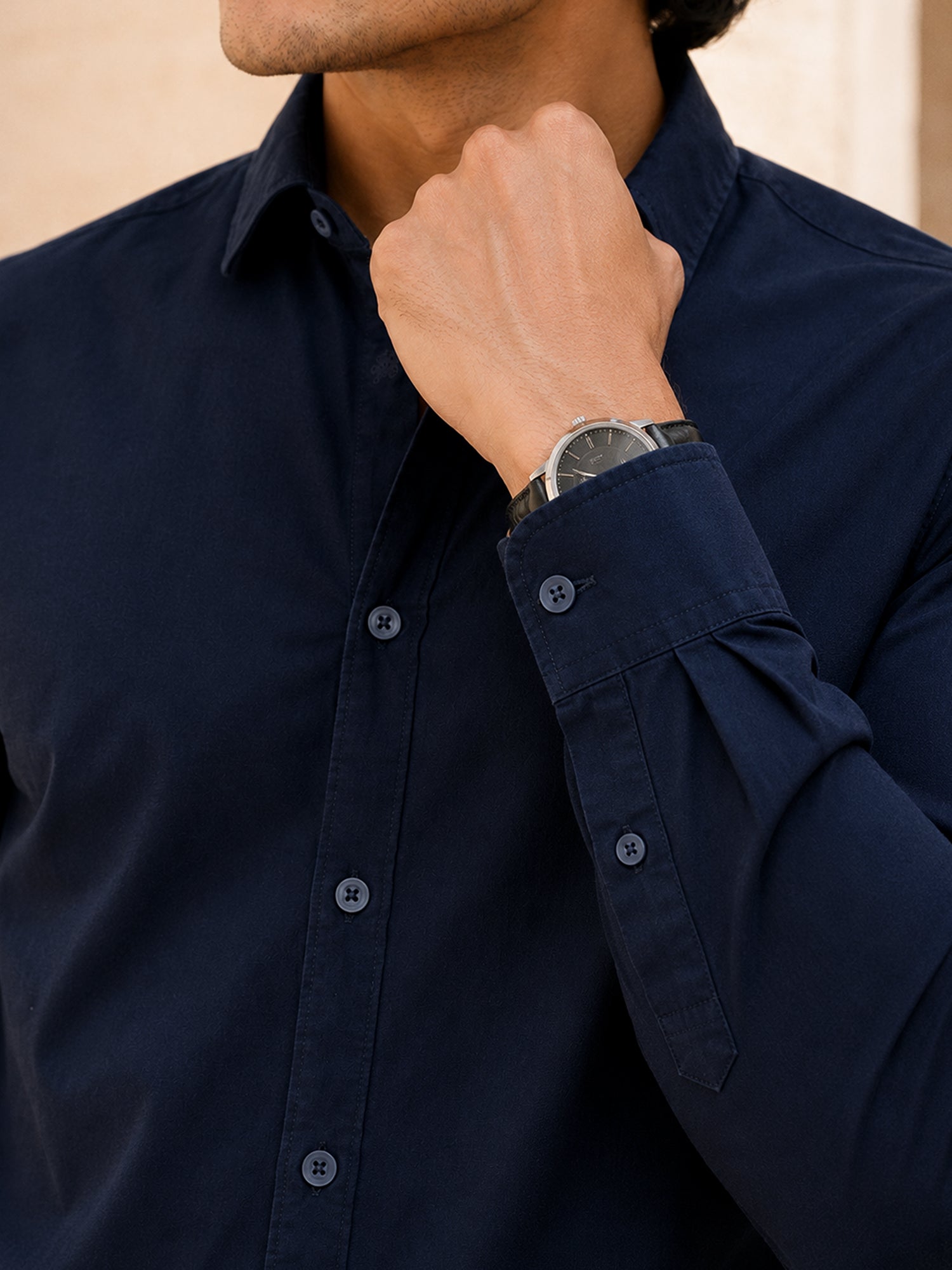 Men Navy Blue Solid Full Sleeves Shirt