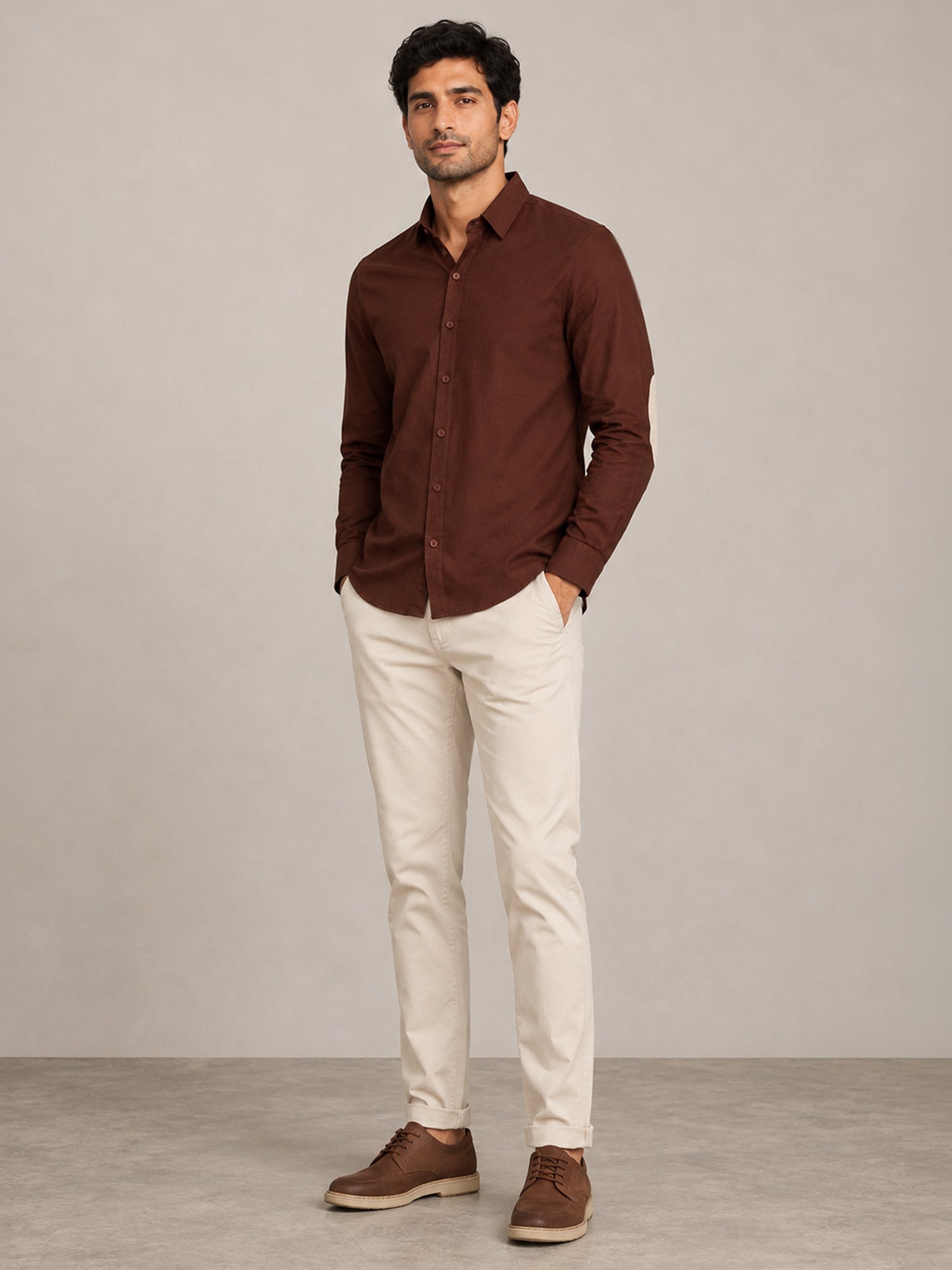 Men Brown Solid Full Sleeves Shirt