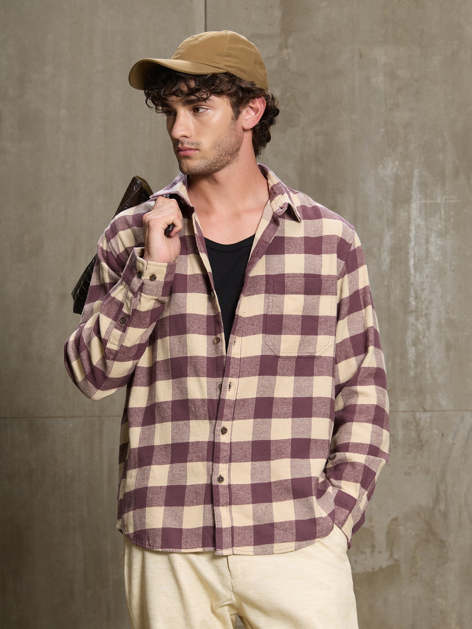 Men Burgundy Buffalo Check Full Sleeve Casual Shirt