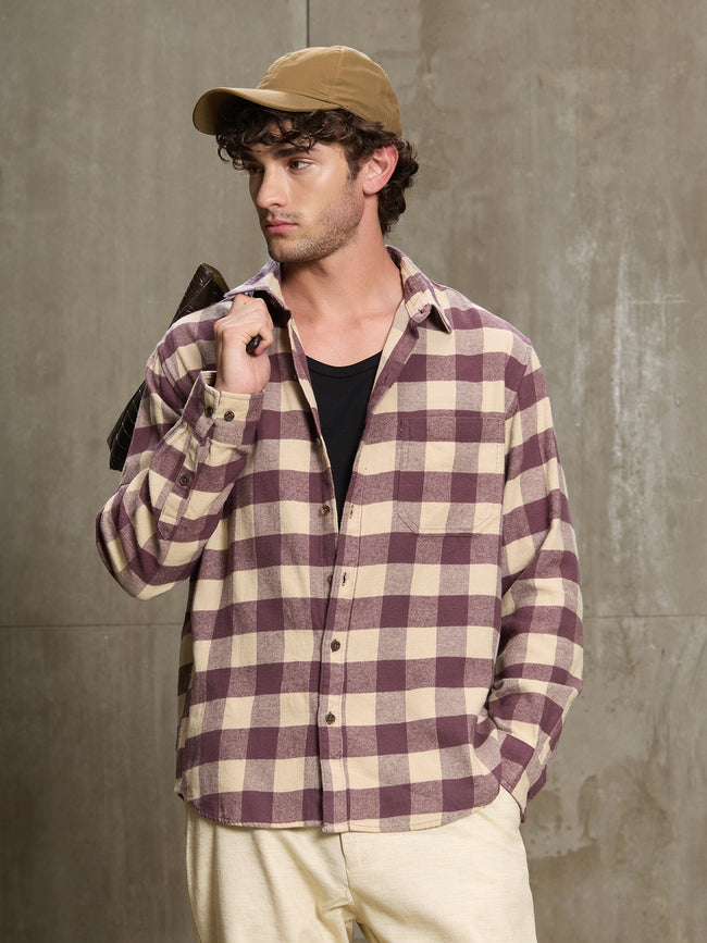 Men Burgundy Buffalo Check Full Sleeve Casual Shirt
