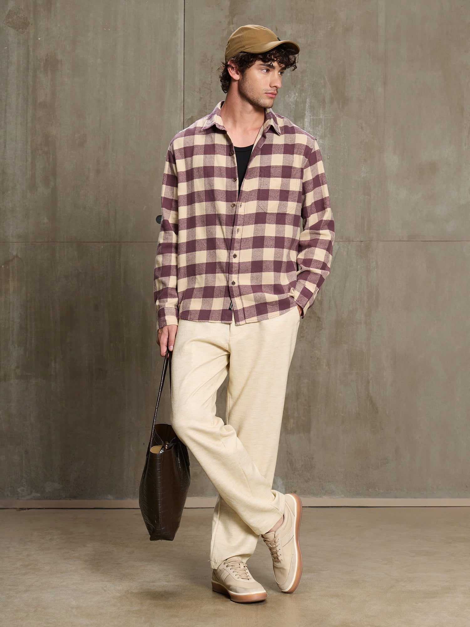 Men Burgundy Buffalo Check Full Sleeve Casual Shirt
