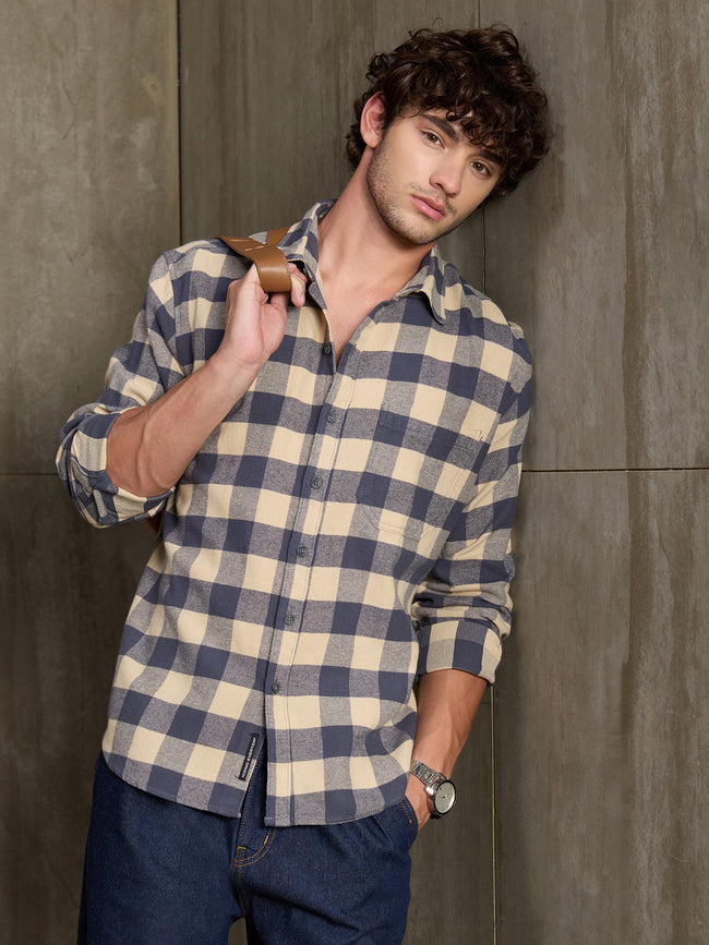 Men Navy Blue Buffalo Check Casual Shirt