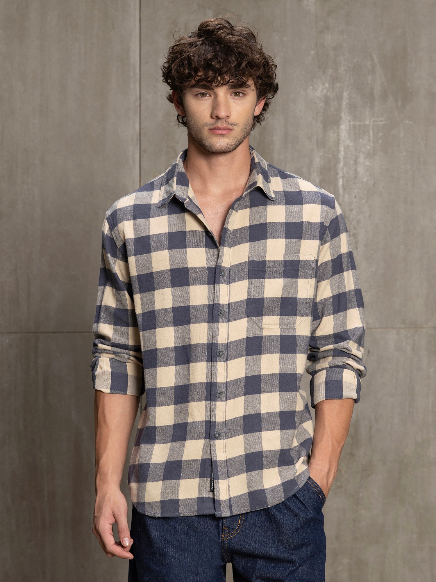 Men Navy Blue Buffalo Check Casual Shirt