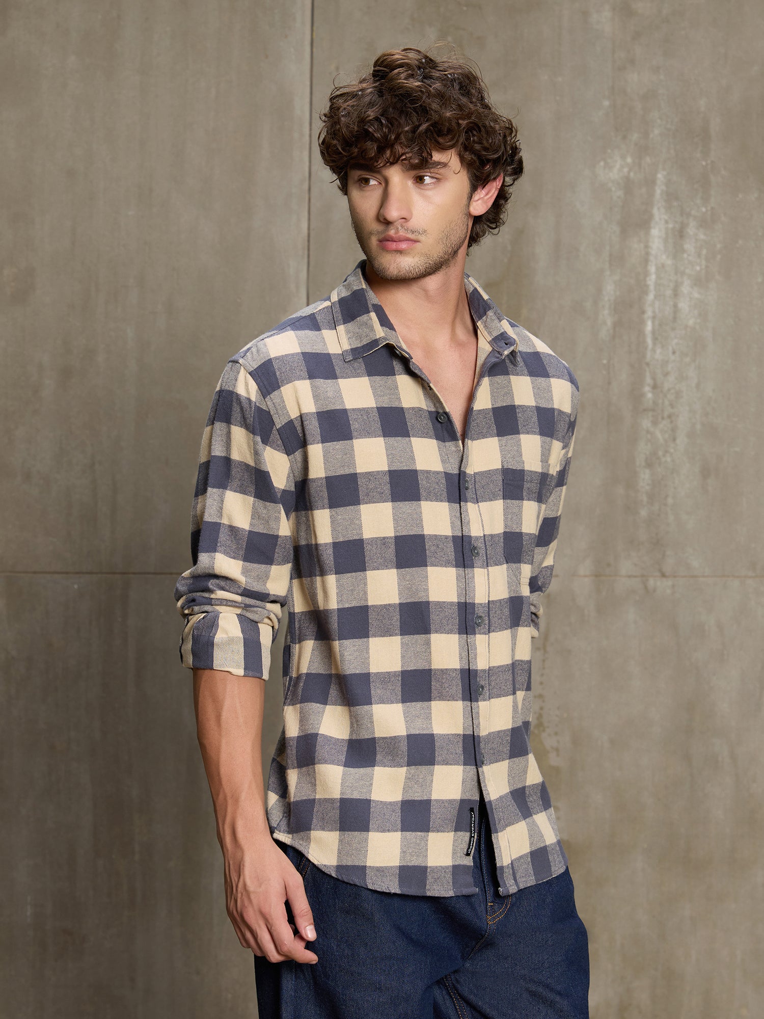 Men Navy Blue Buffalo Check Casual Shirt