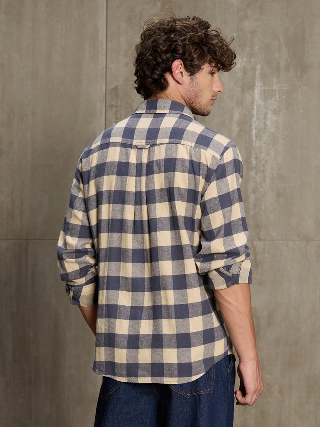 Men Navy Blue Buffalo Check Casual Shirt
