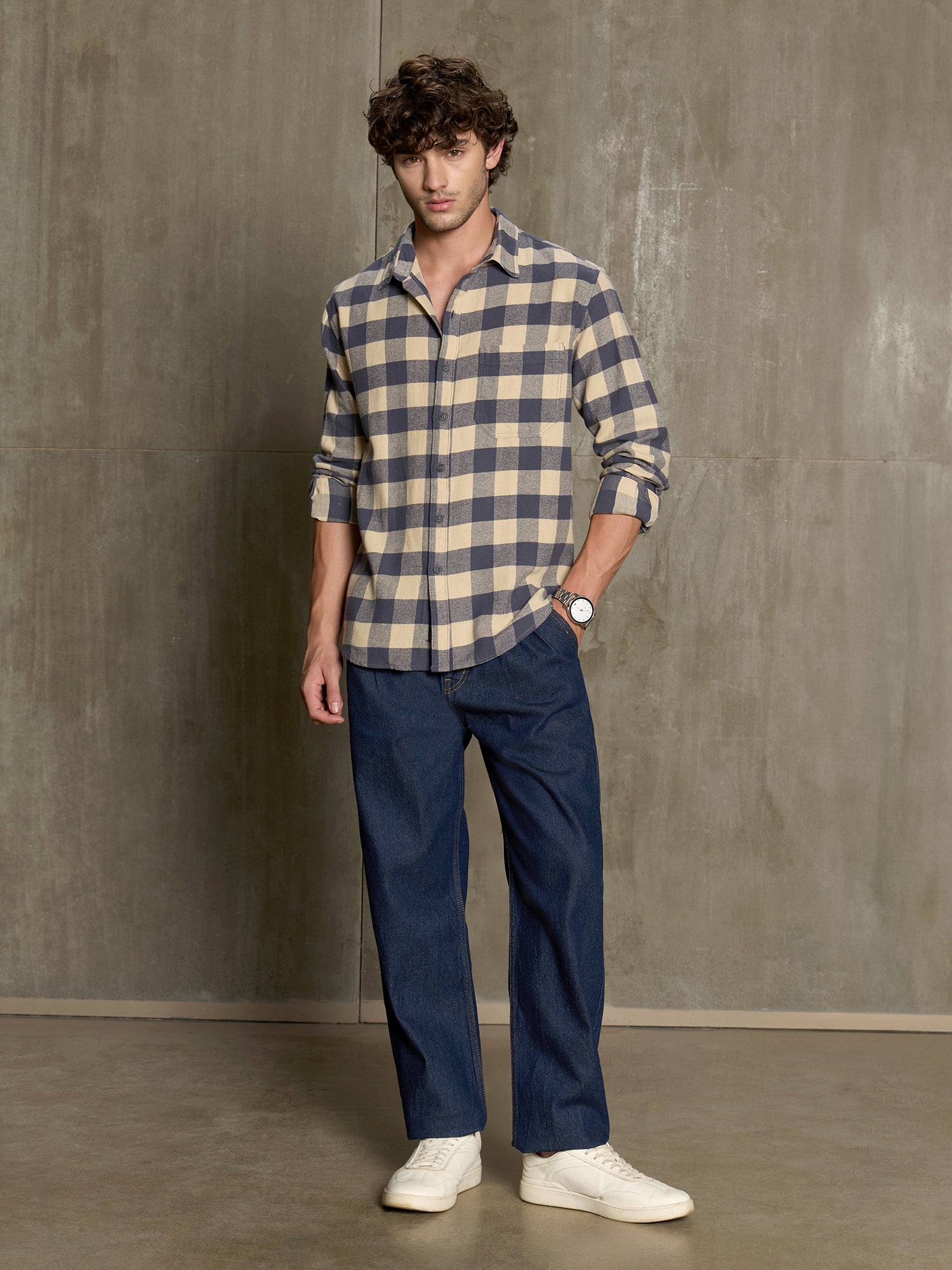 Men Navy Blue Buffalo Check Casual Shirt