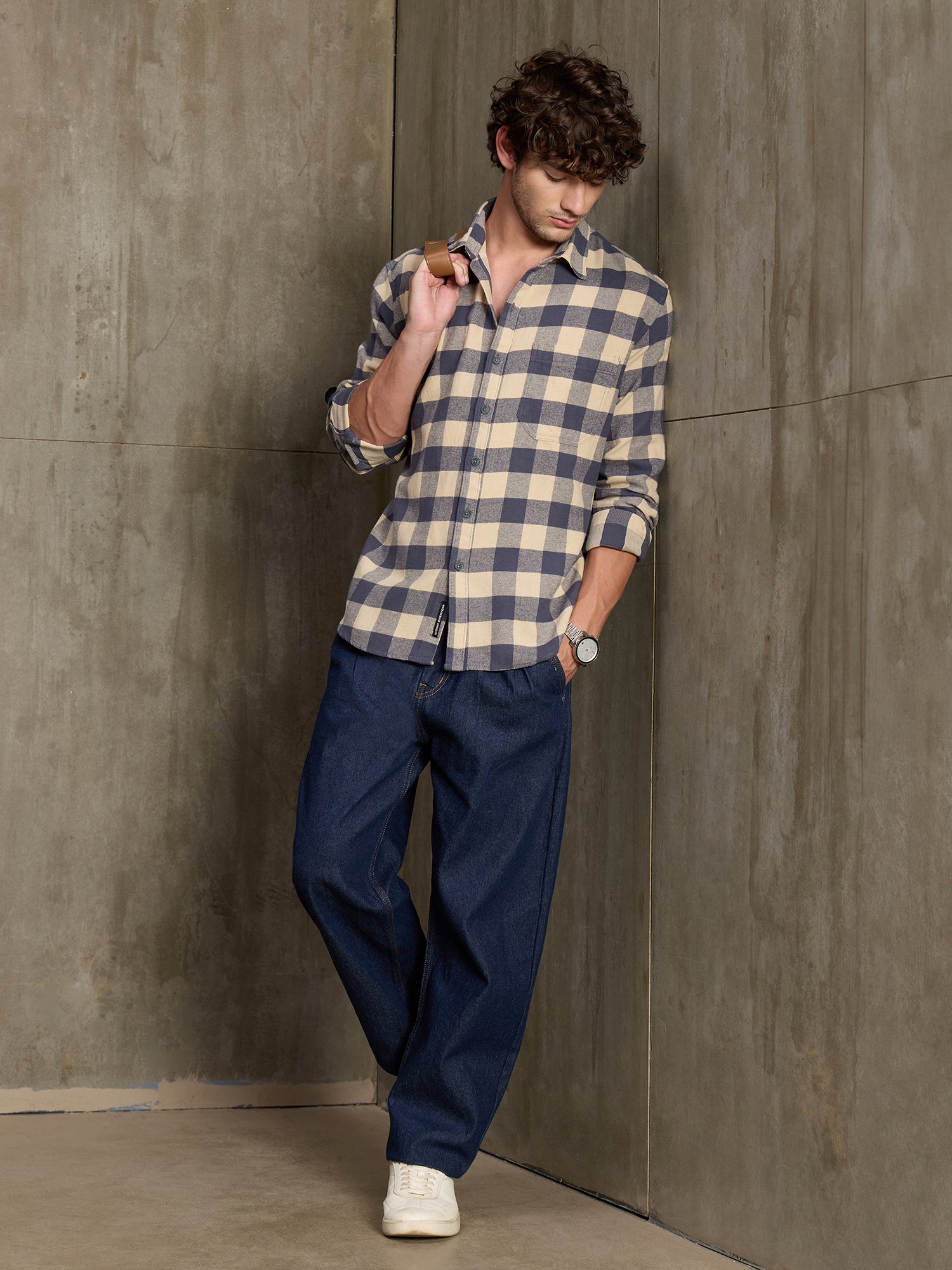 Men Navy Blue Buffalo Check Casual Shirt