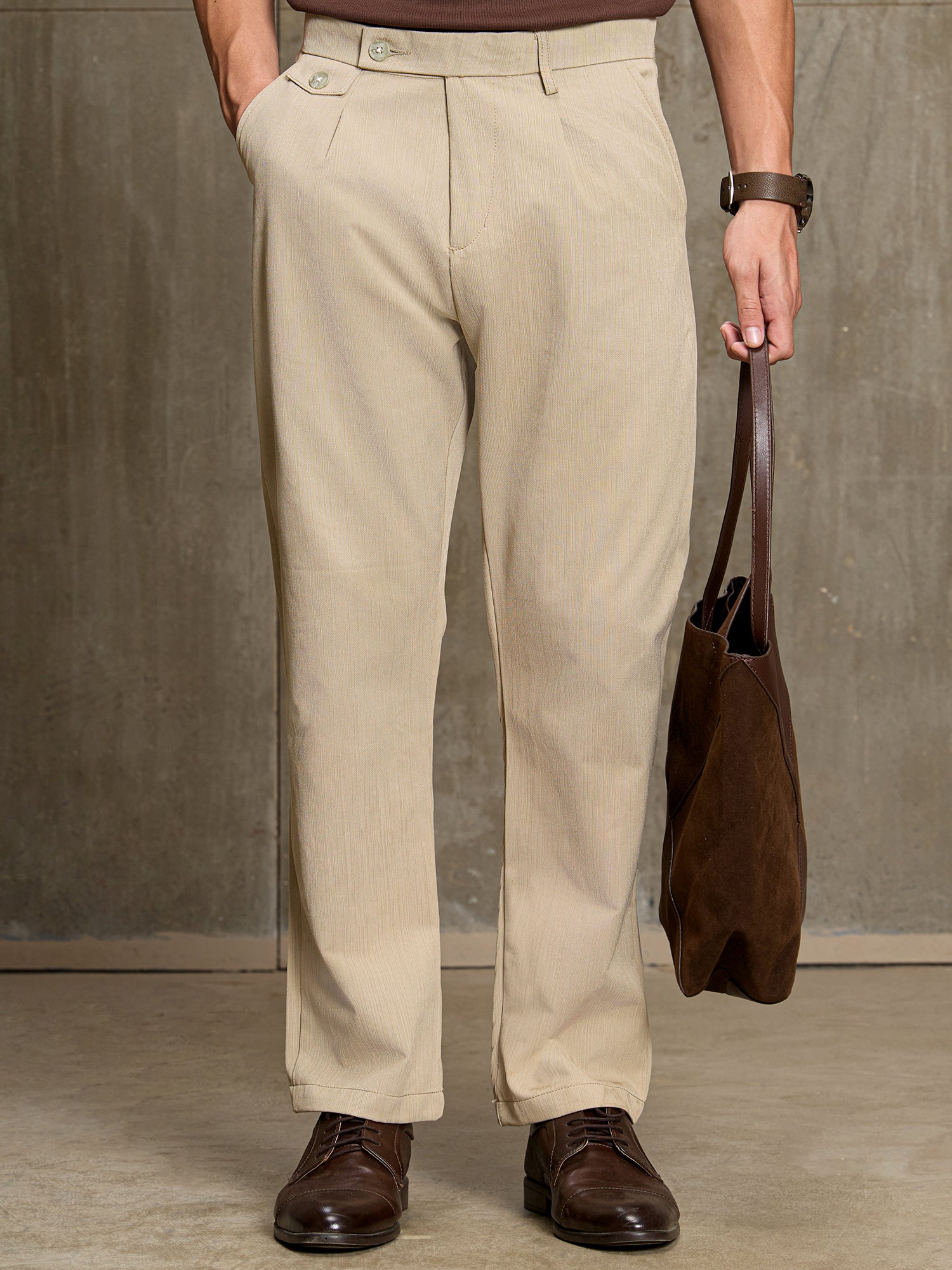Men Beige Textured Regular Fit Formal Trousers