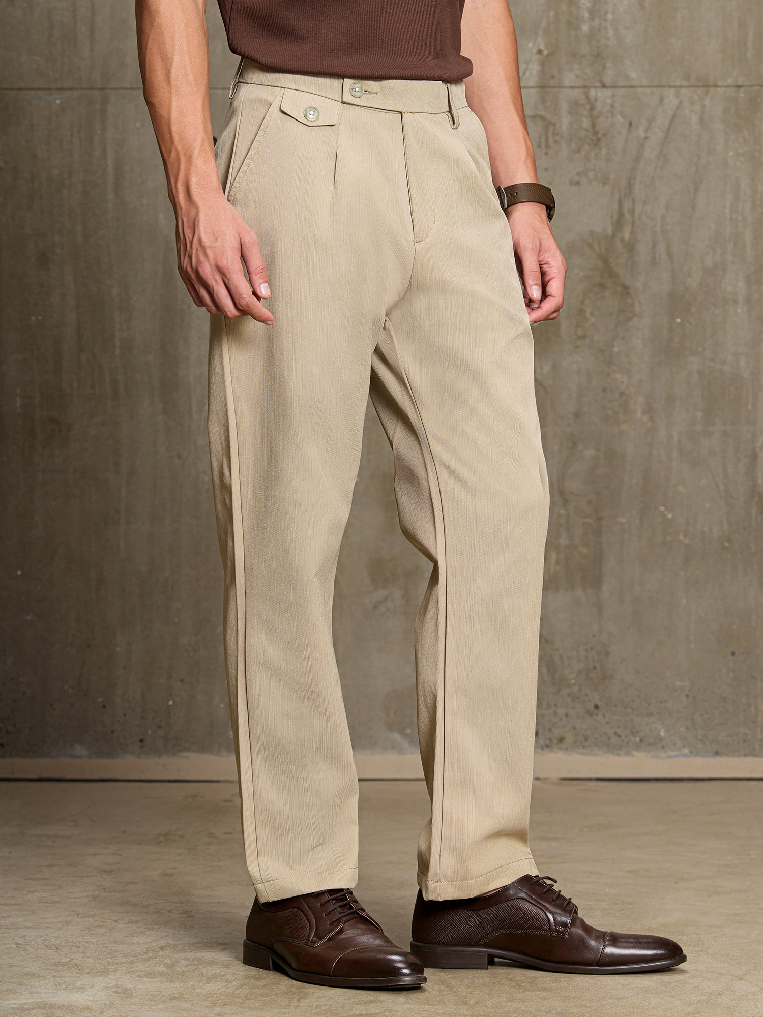 Men Beige Textured Regular Fit Formal Trousers