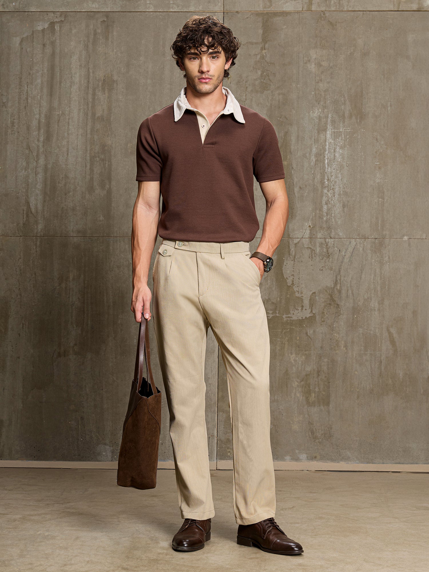 Men Beige Textured Regular Fit Formal Trousers