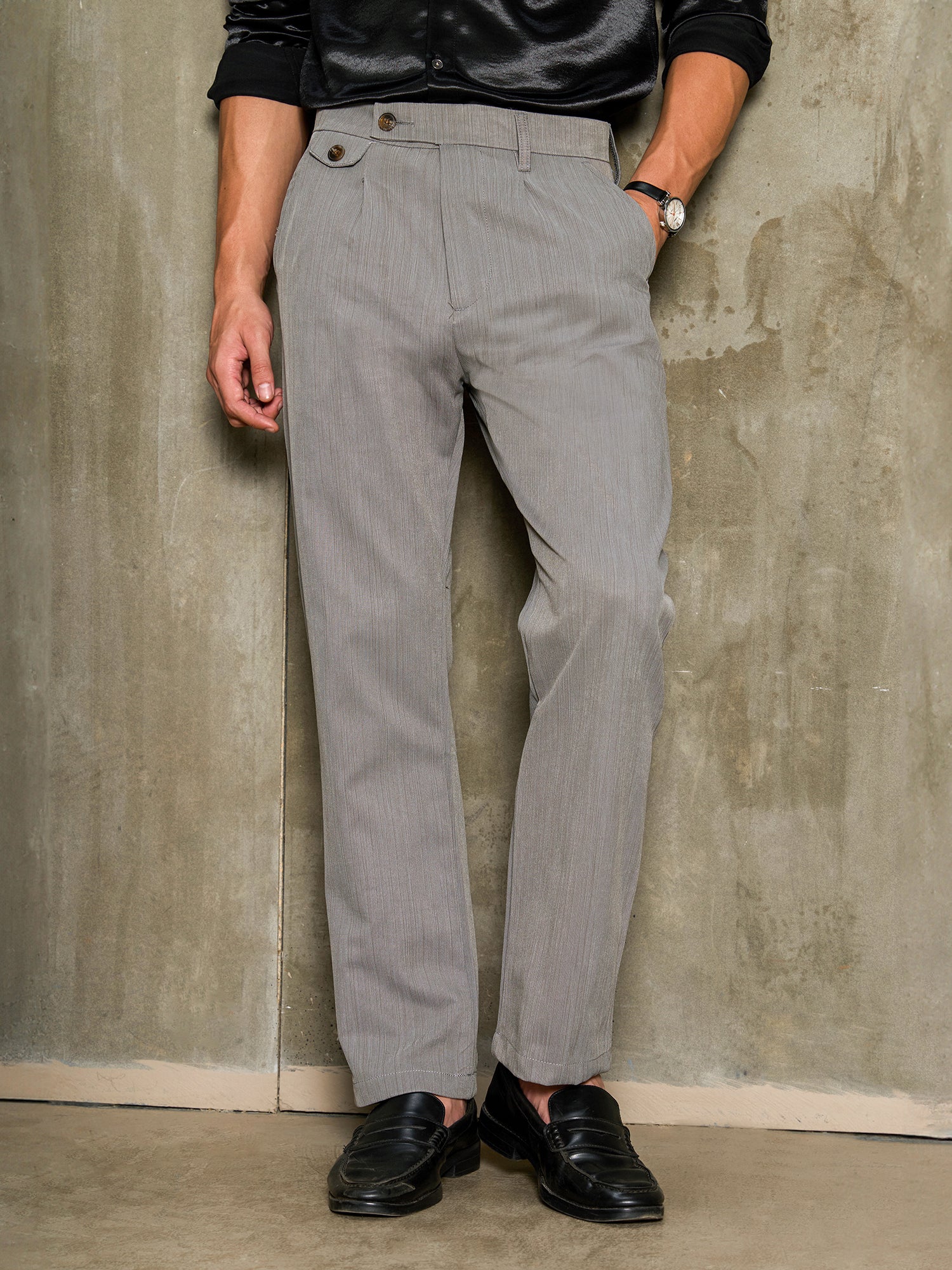 Men Grey Textured Regular Fit Formal Trousers