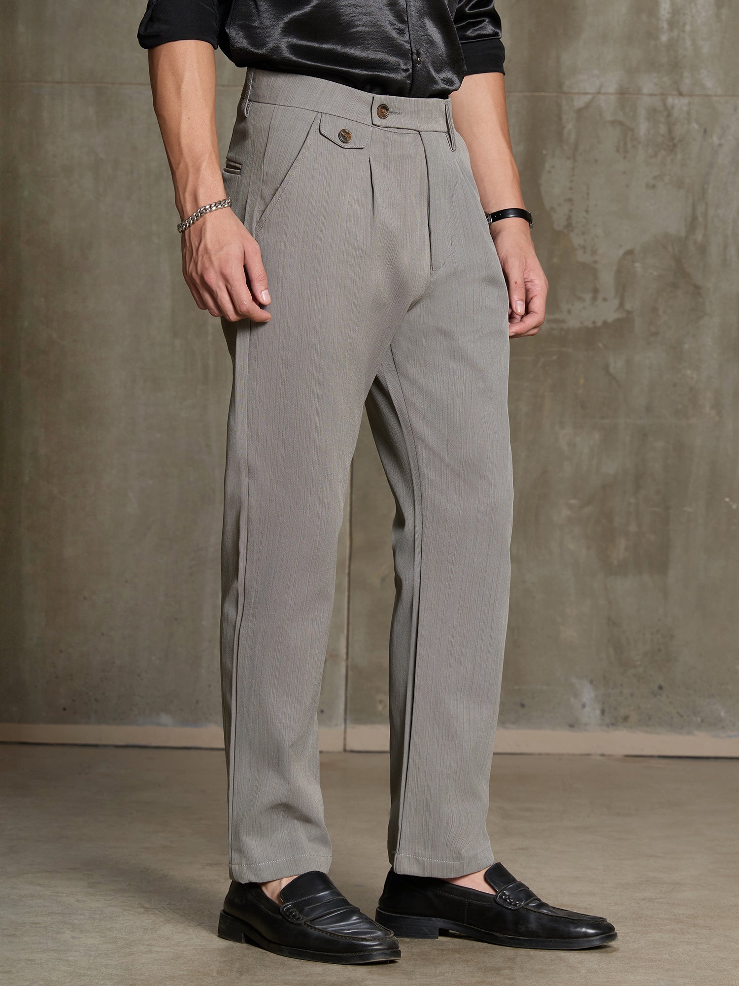 Men Grey Textured Regular Fit Formal Trousers