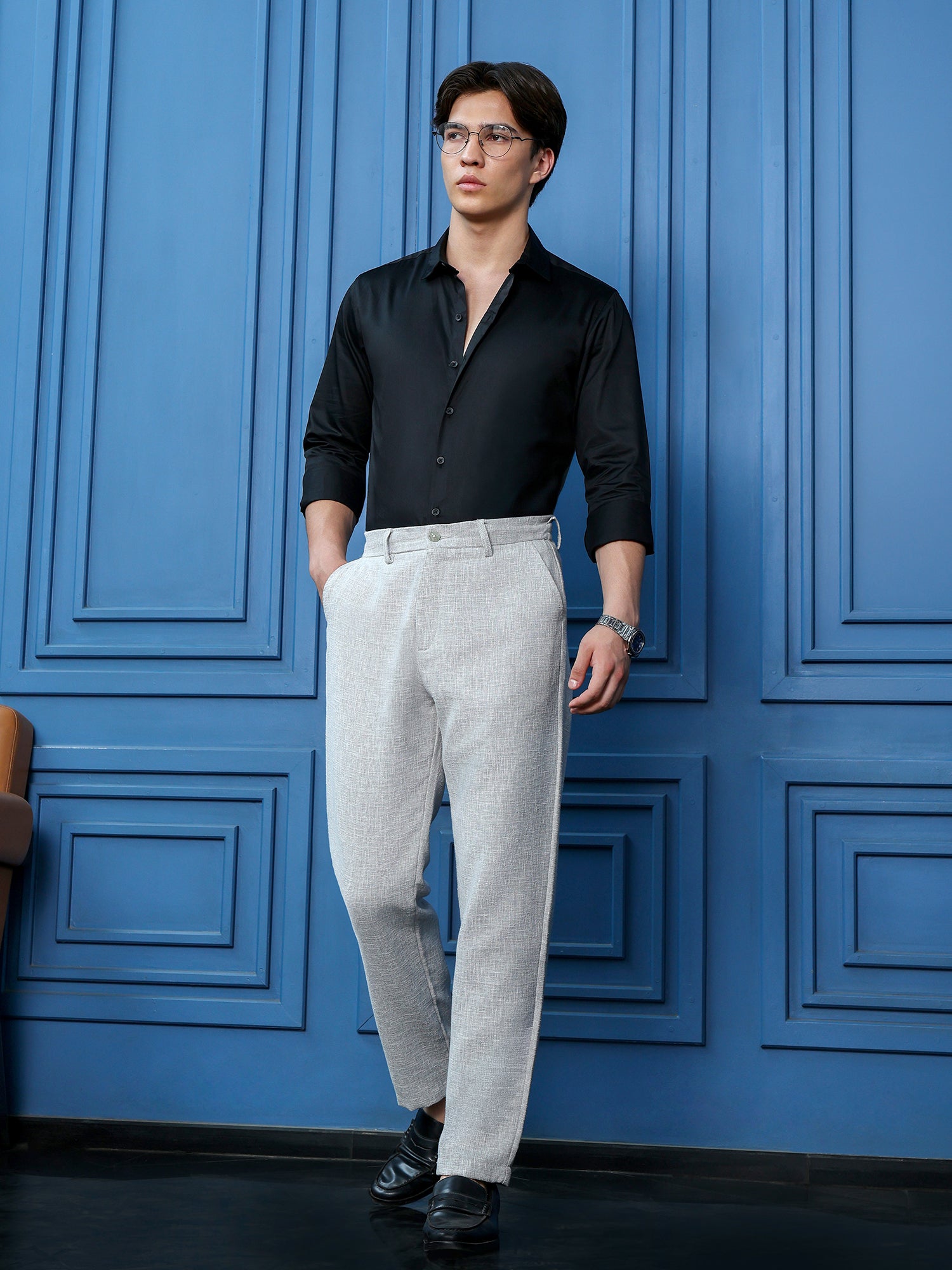 Men Grey Self Design Formal Trouser