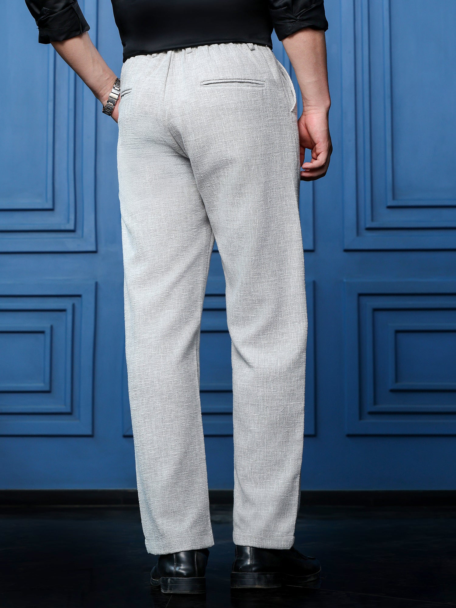 Men Grey Self Design Formal Trouser