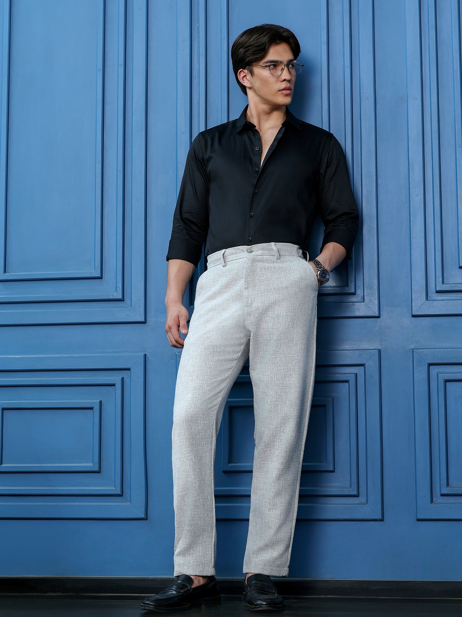 Men Grey Self Design Formal Trouser