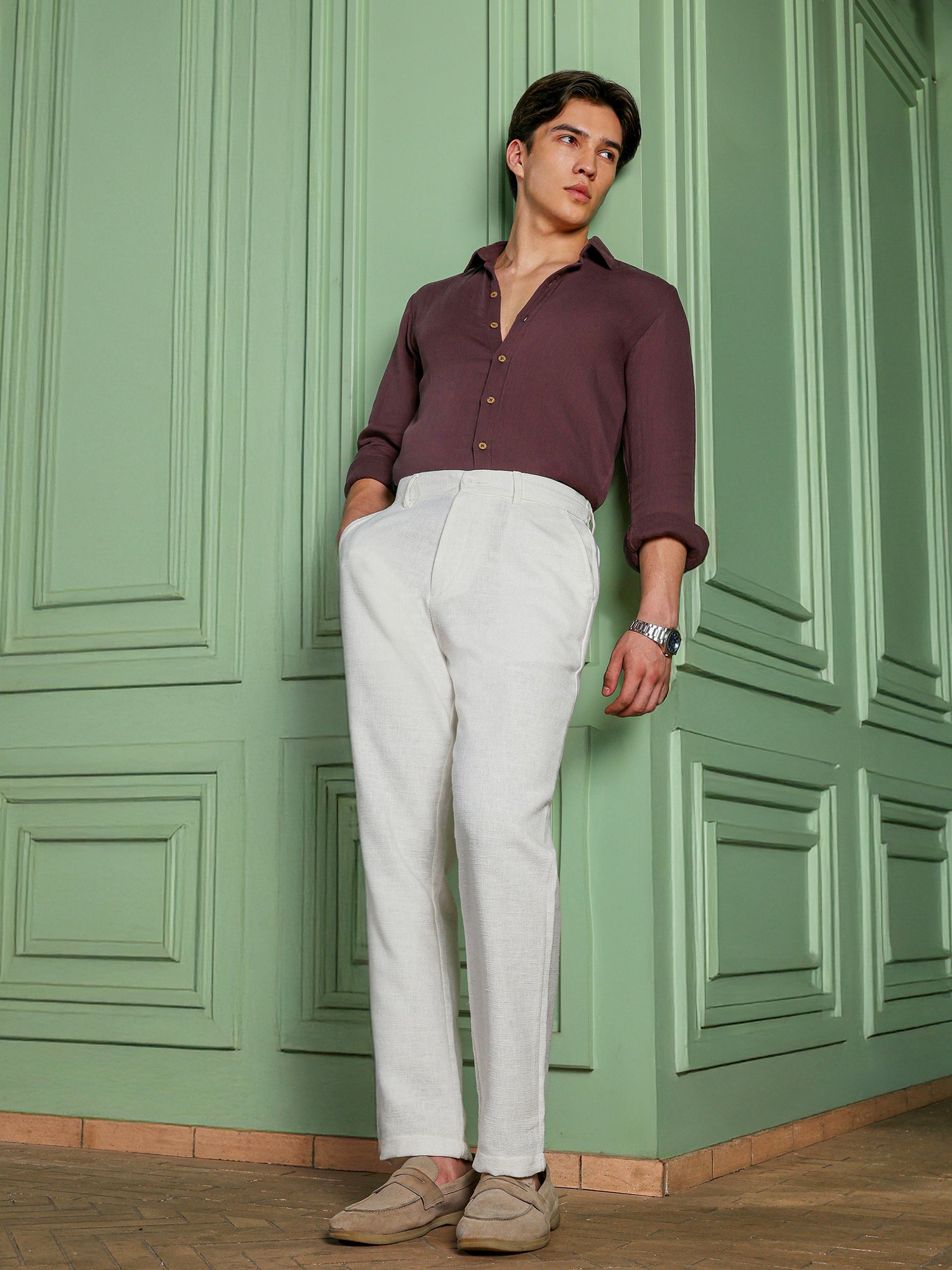 Men Off White Textured Trouser