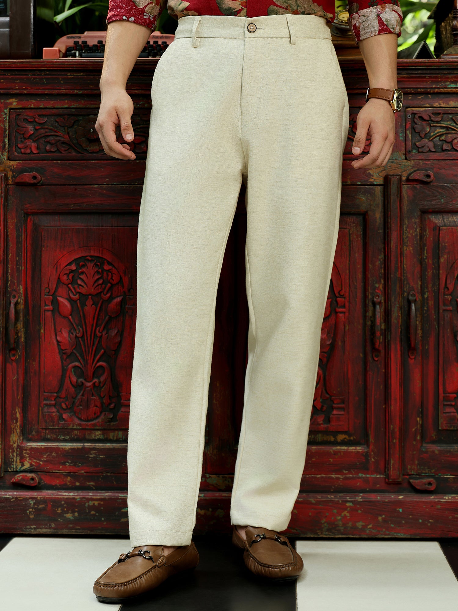 Men Cream Textured Trouser