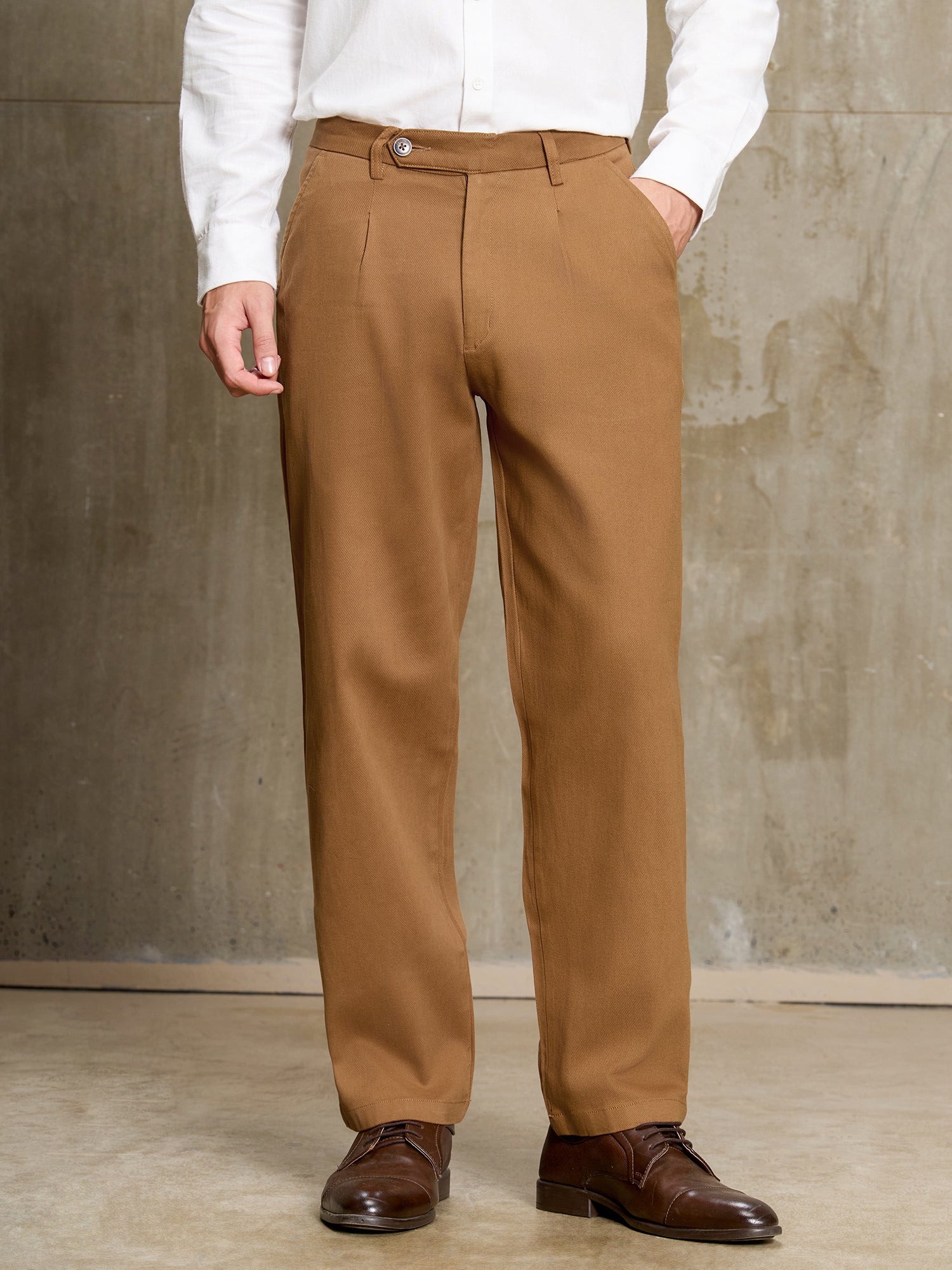Men Brown Solid Regular Fit Formal Trousers