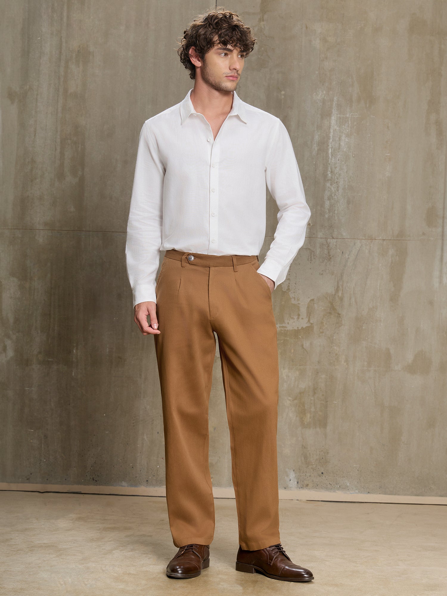 Men Brown Solid Regular Fit Formal Trousers