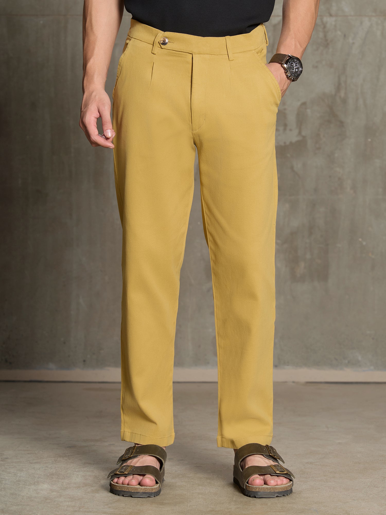 Men Mustard Solid Regular Fit Casual Trousers