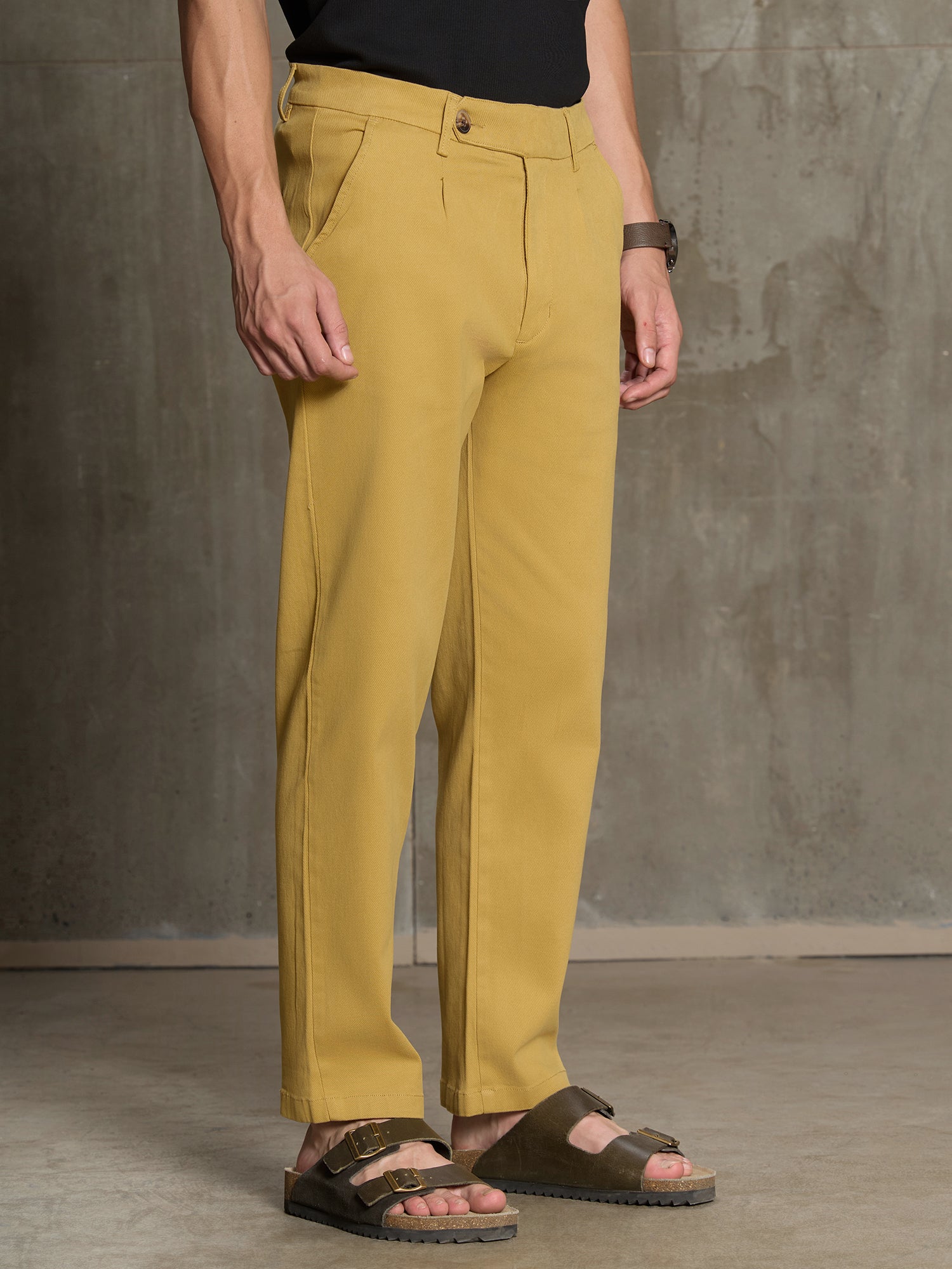 Men Mustard Solid Regular Fit Casual Trousers