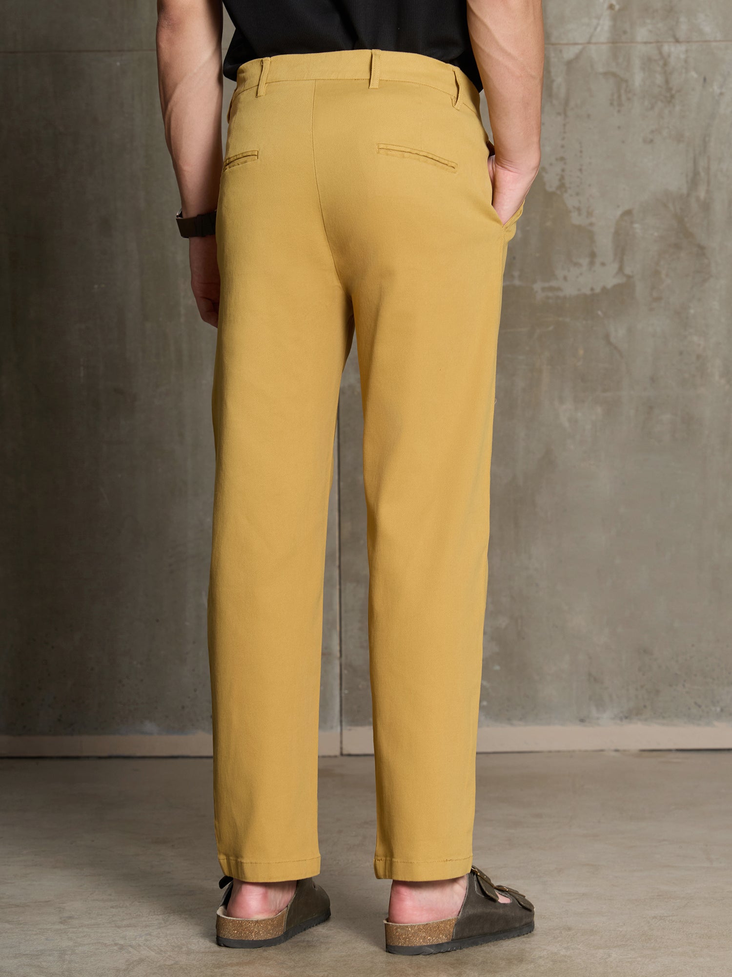 Men Mustard Solid Regular Fit Casual Trousers