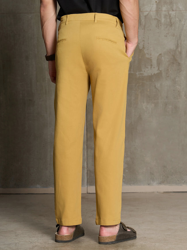 Men Mustard Solid Regular Fit Casual Trousers