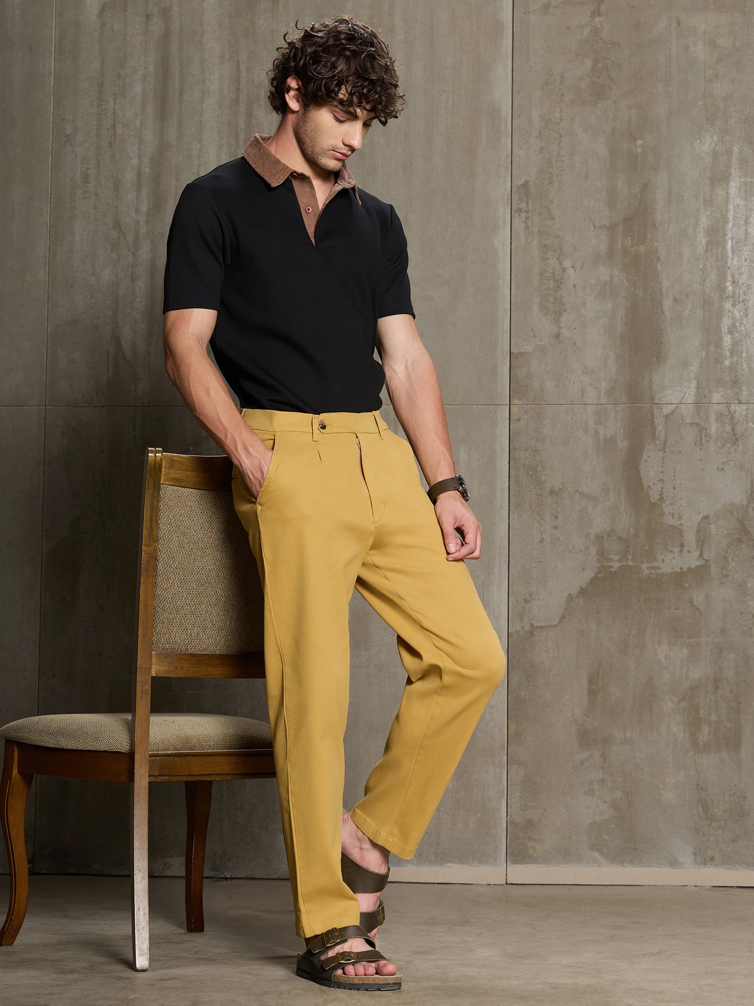 Men Mustard Solid Regular Fit Casual Trousers