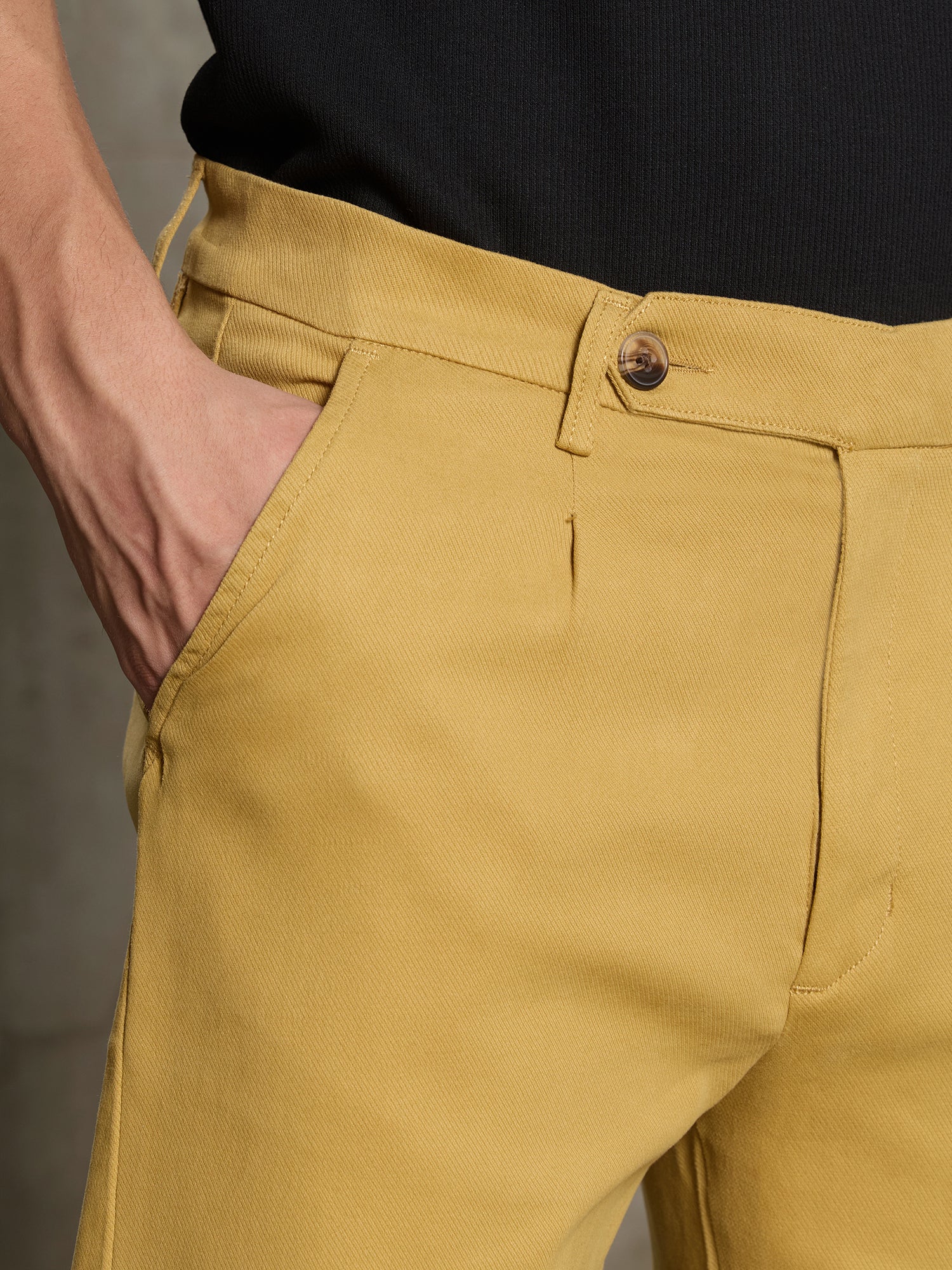 Men Mustard Solid Regular Fit Casual Trousers