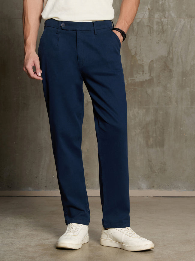 Men Navy Blue Solid Regular Fit Casual Trousers