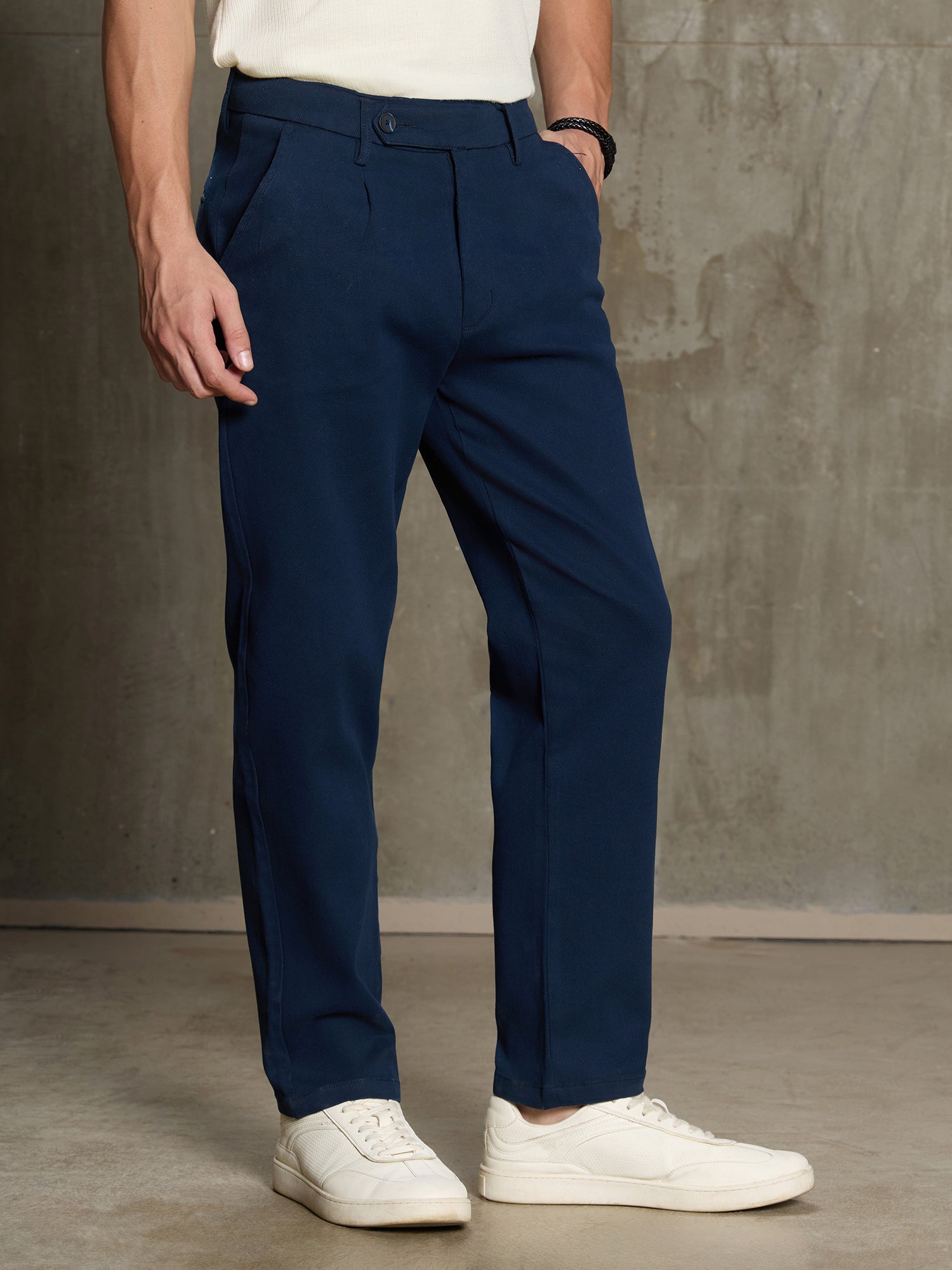 Men Navy Blue Solid Regular Fit Casual Trousers