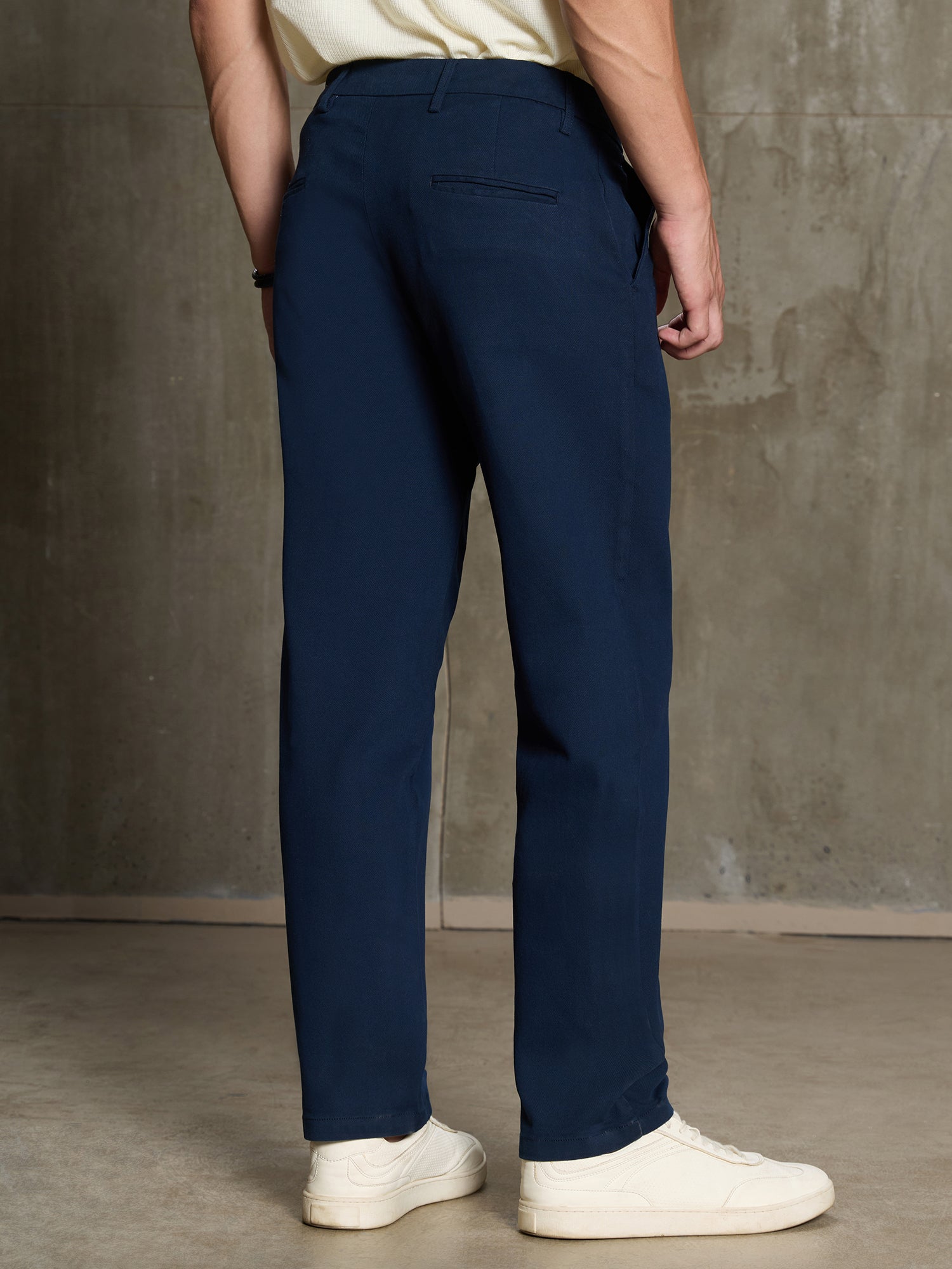 Men Navy Blue Solid Regular Fit Casual Trousers