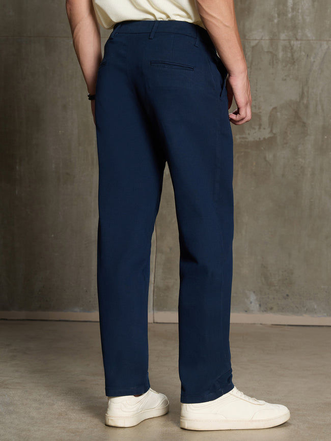 Men Navy Blue Solid Regular Fit Casual Trousers