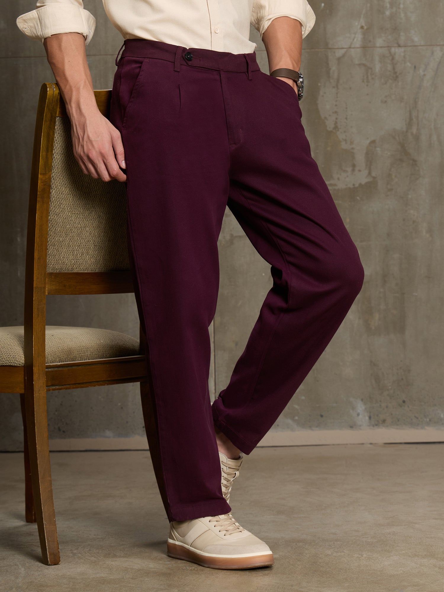 Men Burgundy Solid Regular Fit Formal Trousers