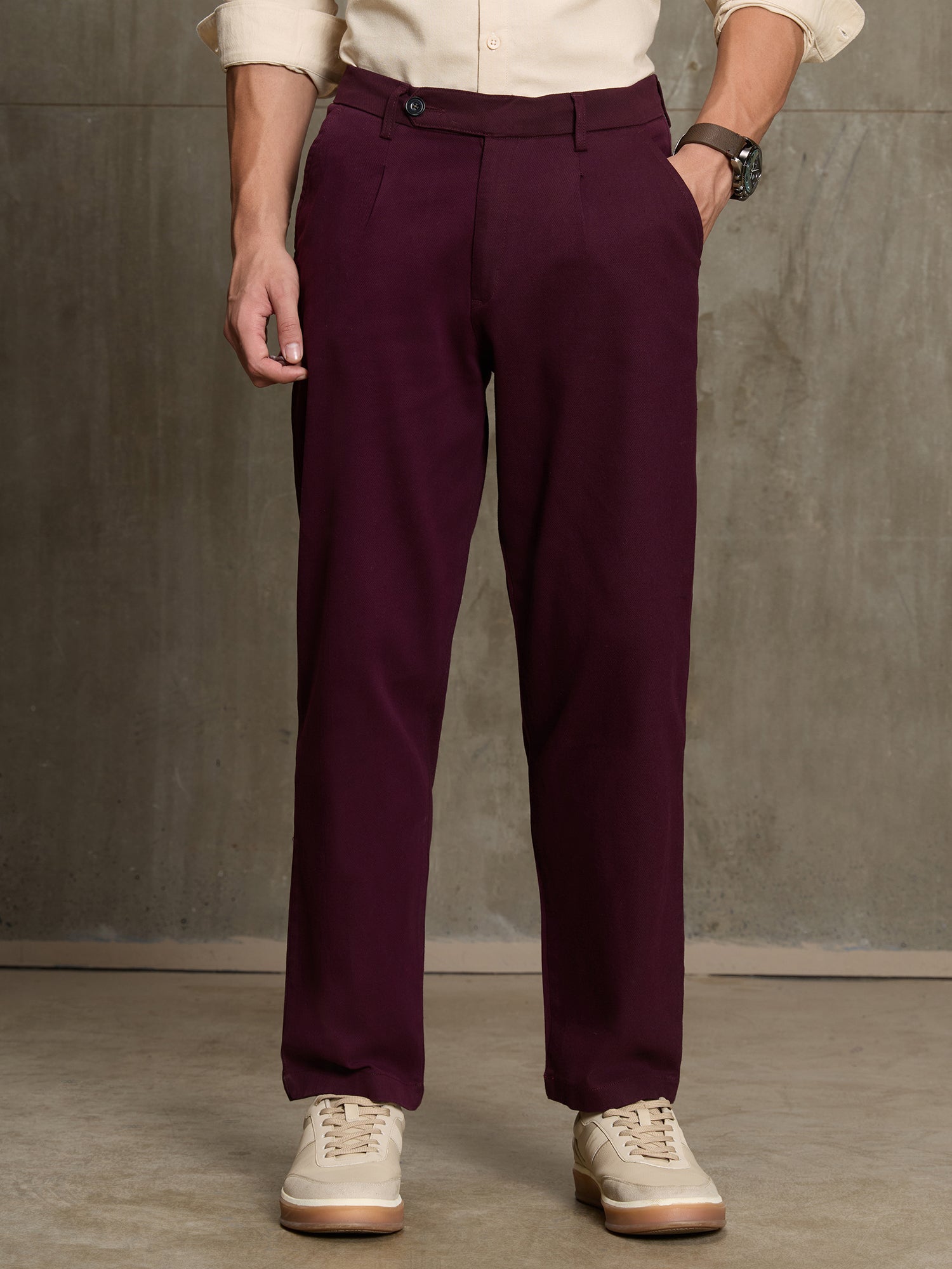Men Burgundy Solid Regular Fit Formal Trousers